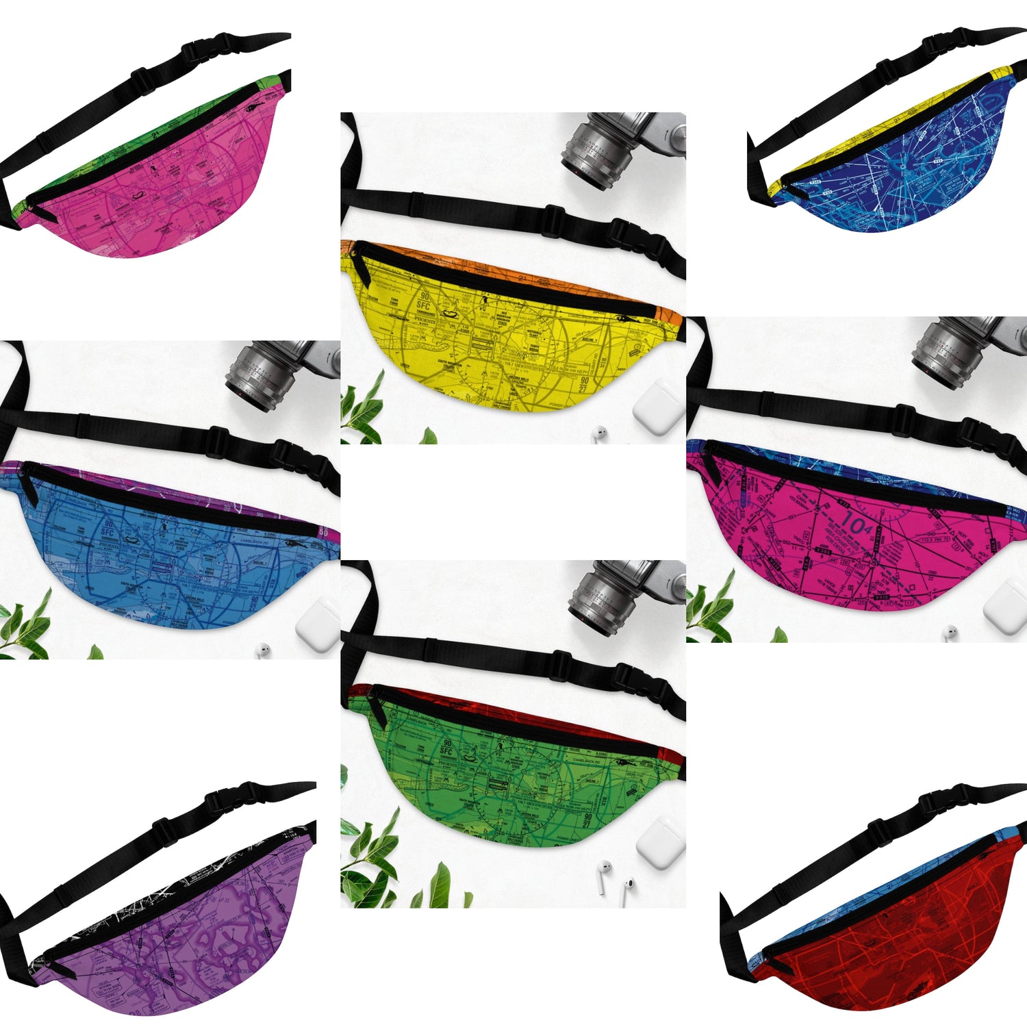 Aviation themed colorful fanny packs