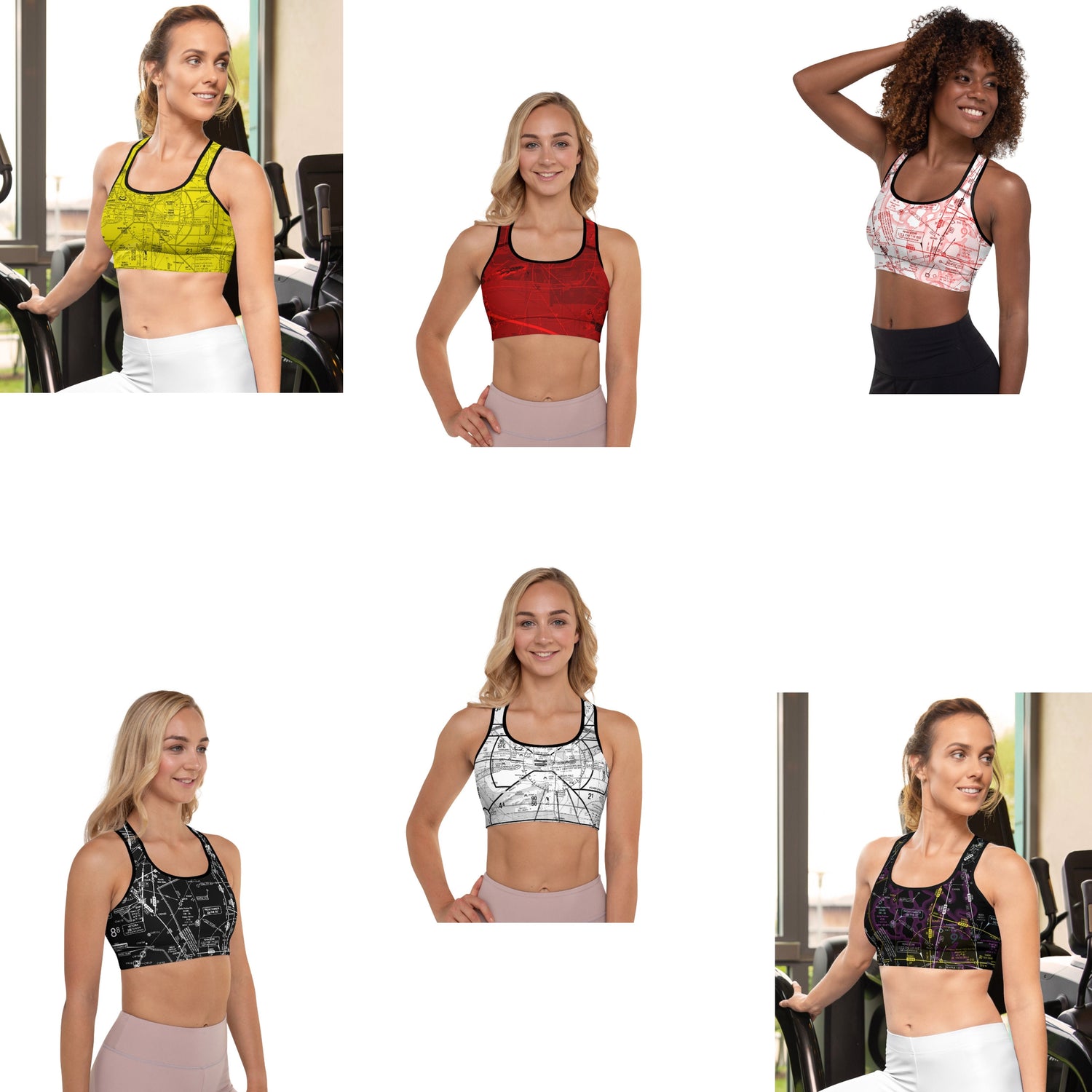 Aviation themed colorful sports bras