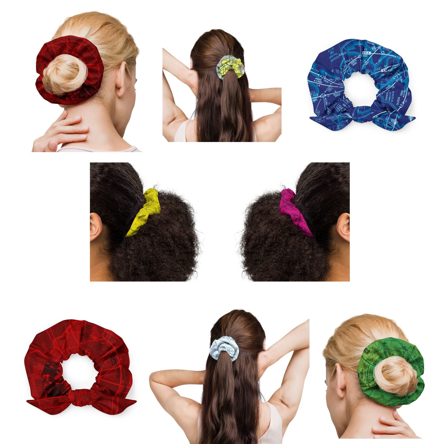 Keep your 'do fly-ready with our colorful, aviation themed scrunchies.