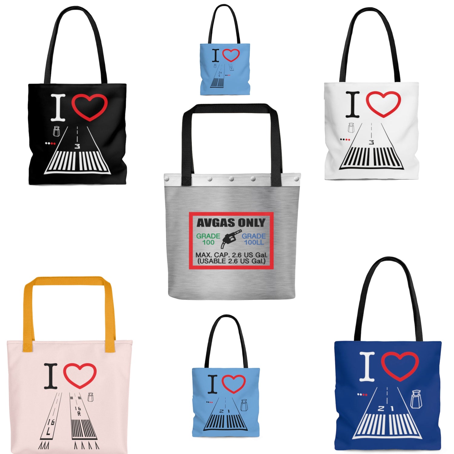 Aviation themed colorful polyester tote bags in three sizes