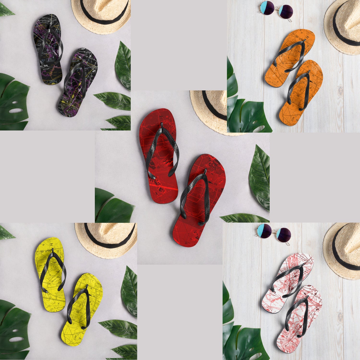 Rubber soled colorful, aviation themed flips flops from sizes US 6 - US 11.5