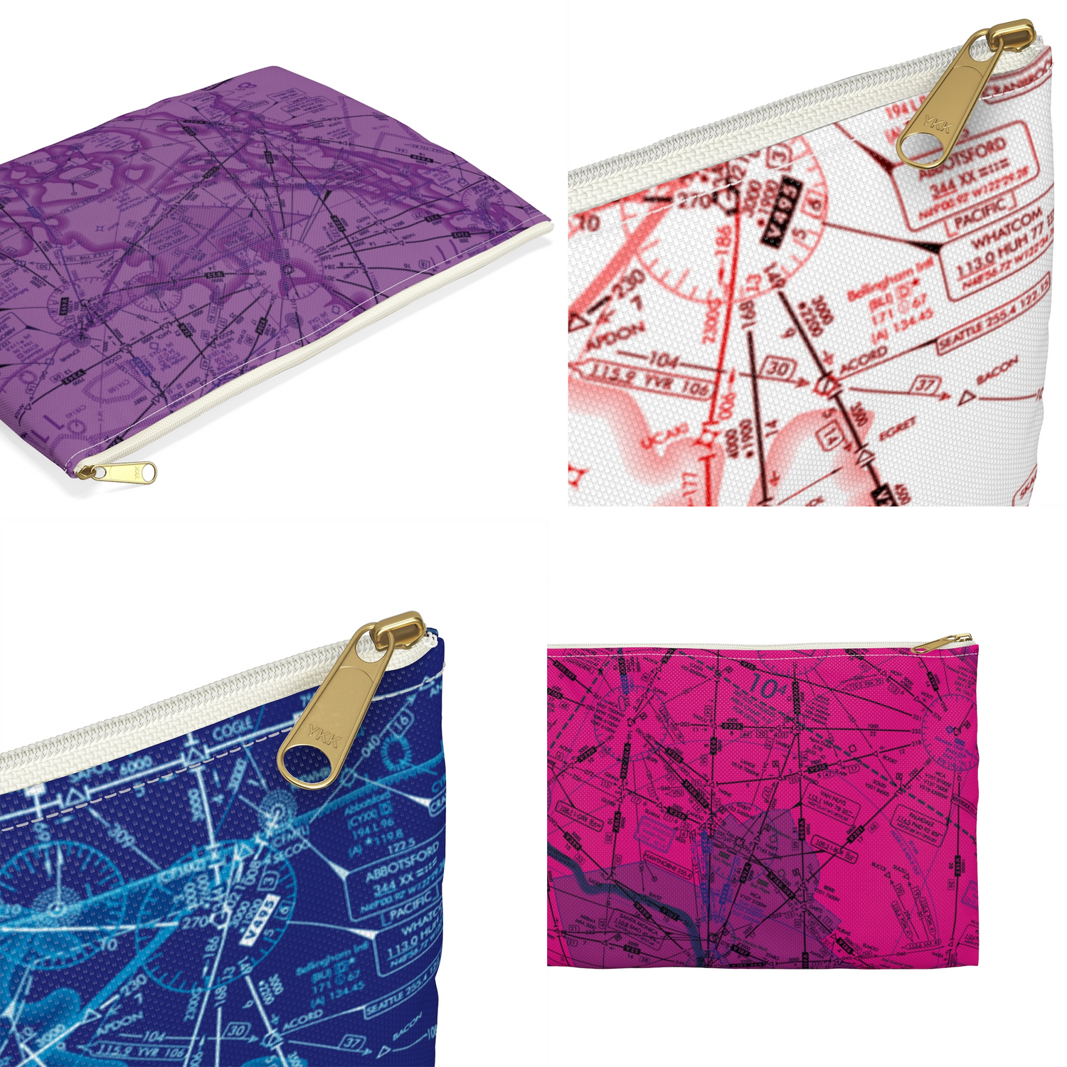 Aviation themed flat pouches in two sizes with zipper closure
