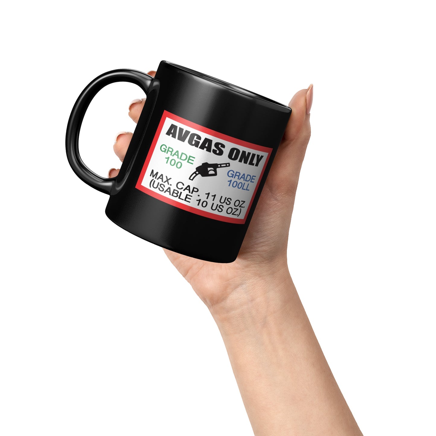 Black mug with a label reading 'AVGAS ONLY' held by a hand on a white background