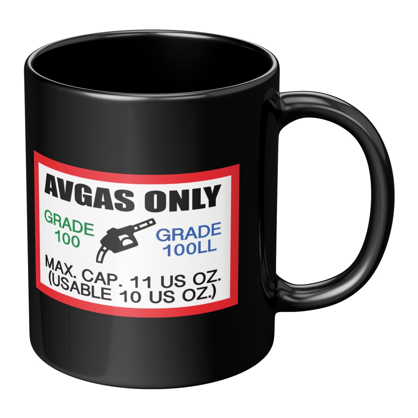 Black mug with a label designating 'AVGAS ONLY' on a white background