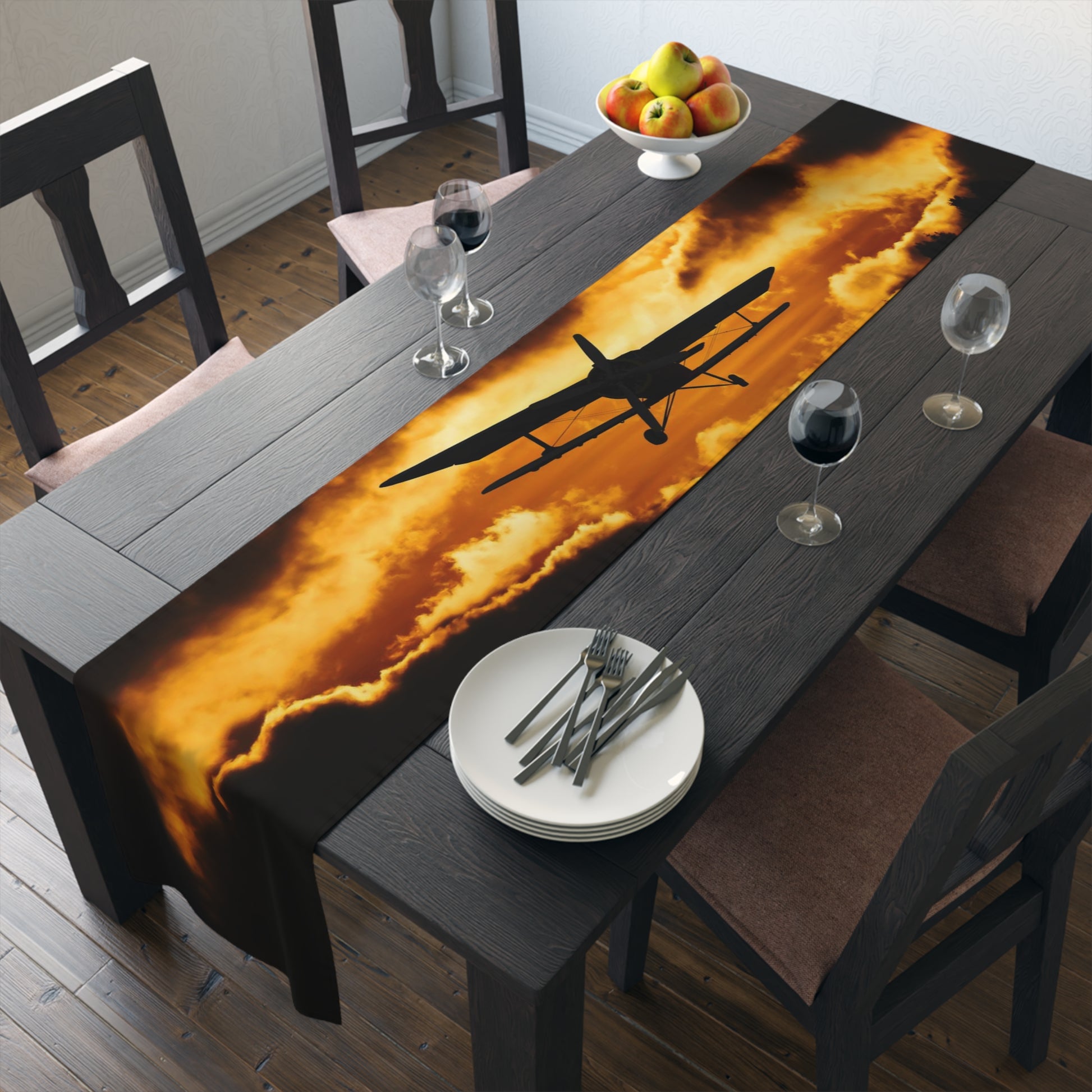 Biplane at Sunset Table Runner