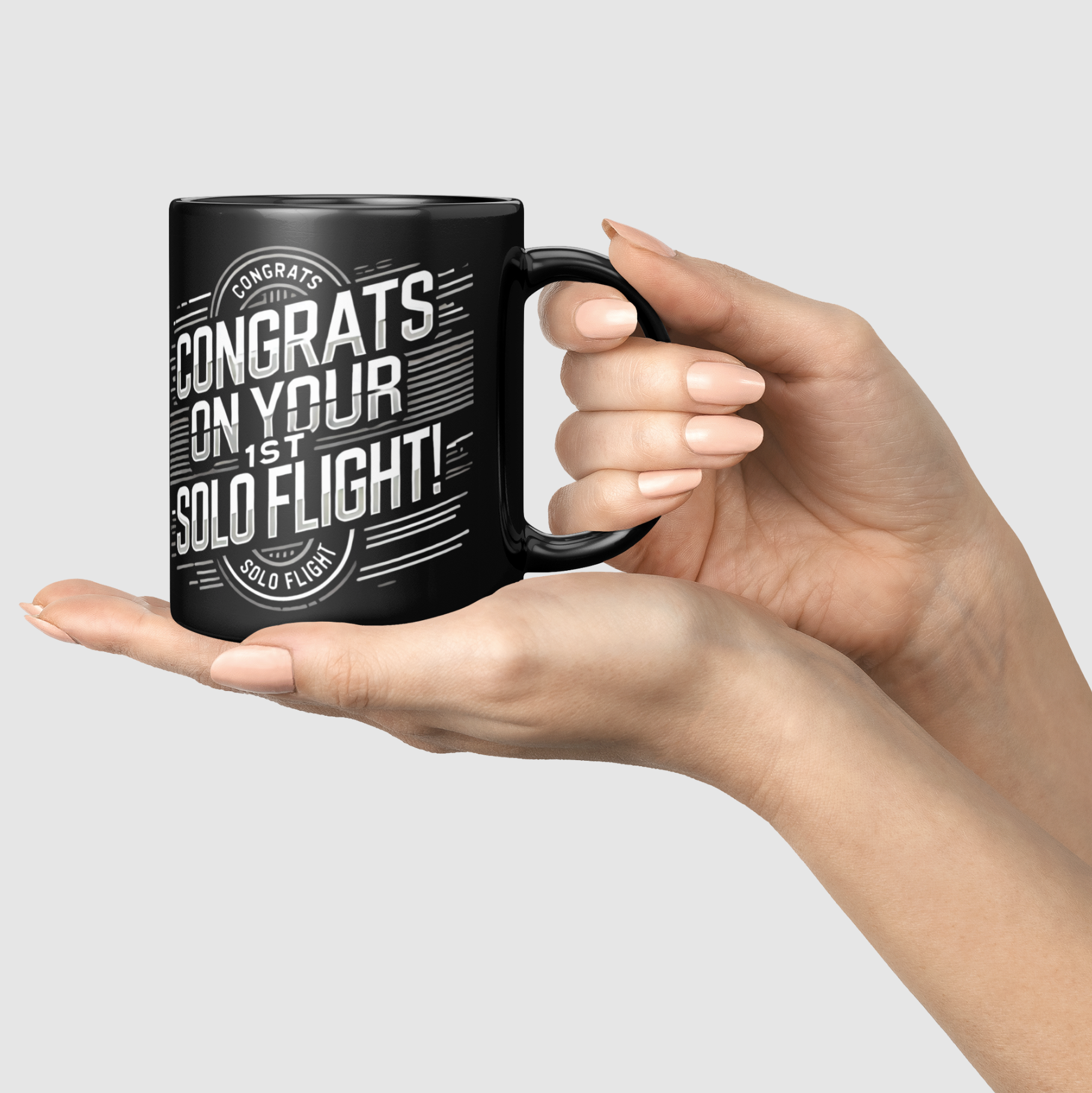 Congrats on your 1st Solo Flight! (v2. white) black mug