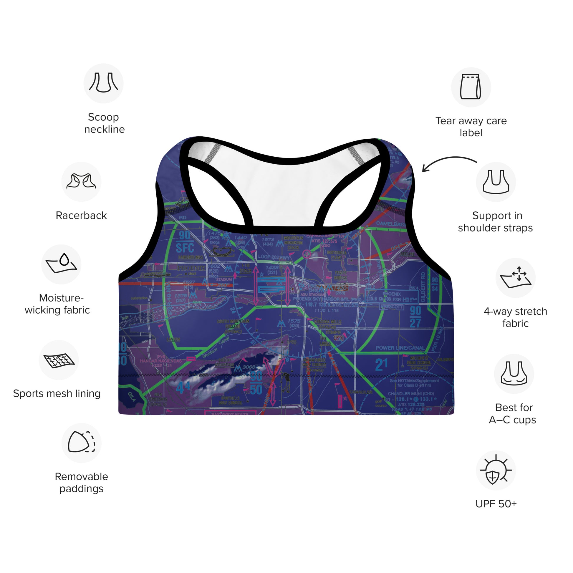 Aeronautical Chart padded sports bra (PHX/invert)