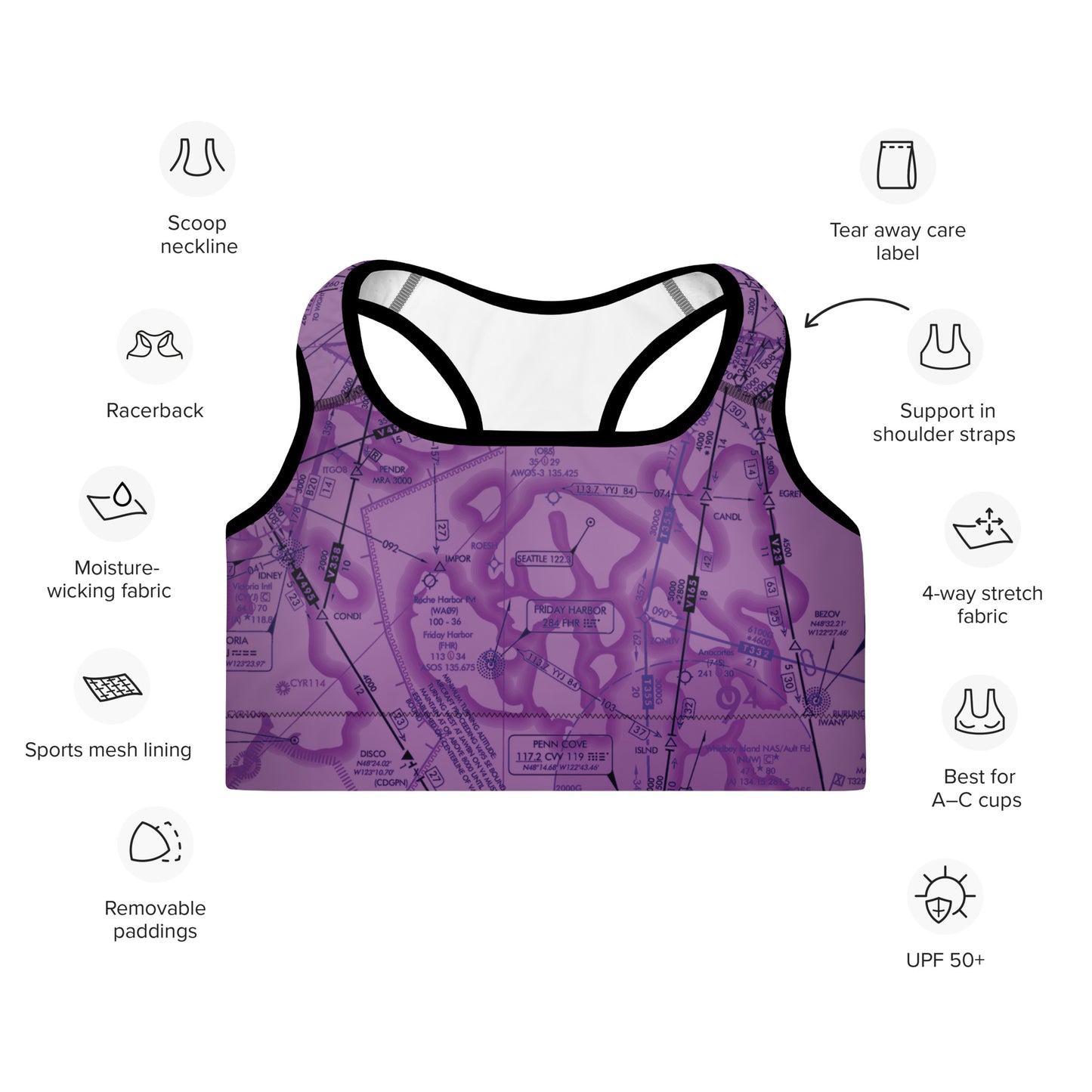 Aeronautical Chart Padded Sports Bra (ELUS1/purple)