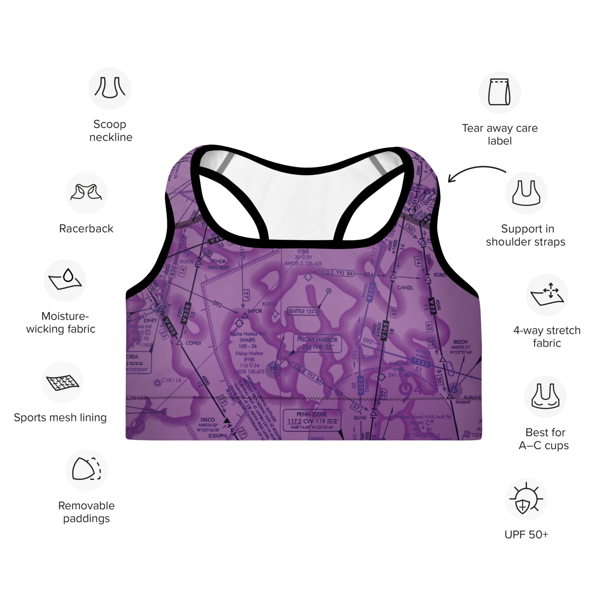 Aeronautical Chart Padded Sports Bra (ELUS1/purple)