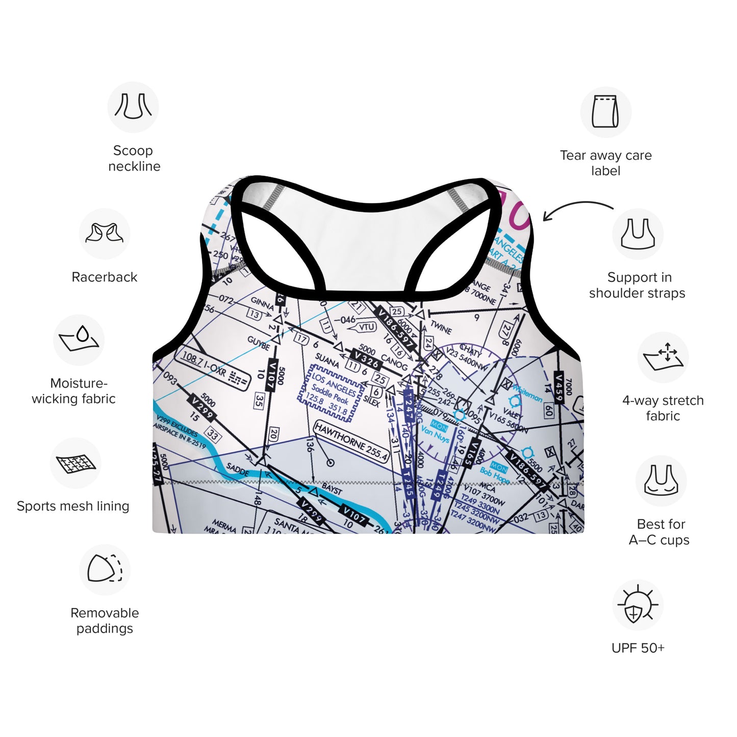 Aeronautical Chart Padded Sports Bra (white)