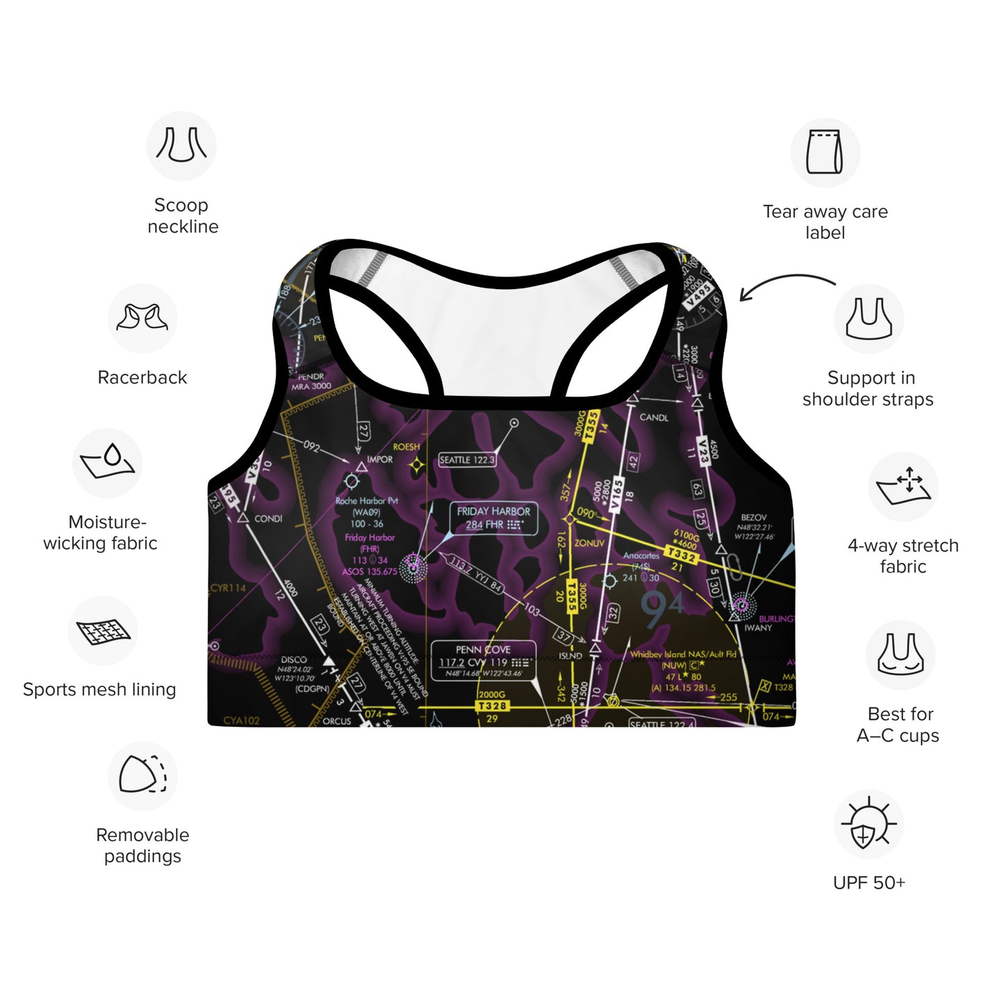 Aeronautical Chart padded sports bra (ELUS1/invert)