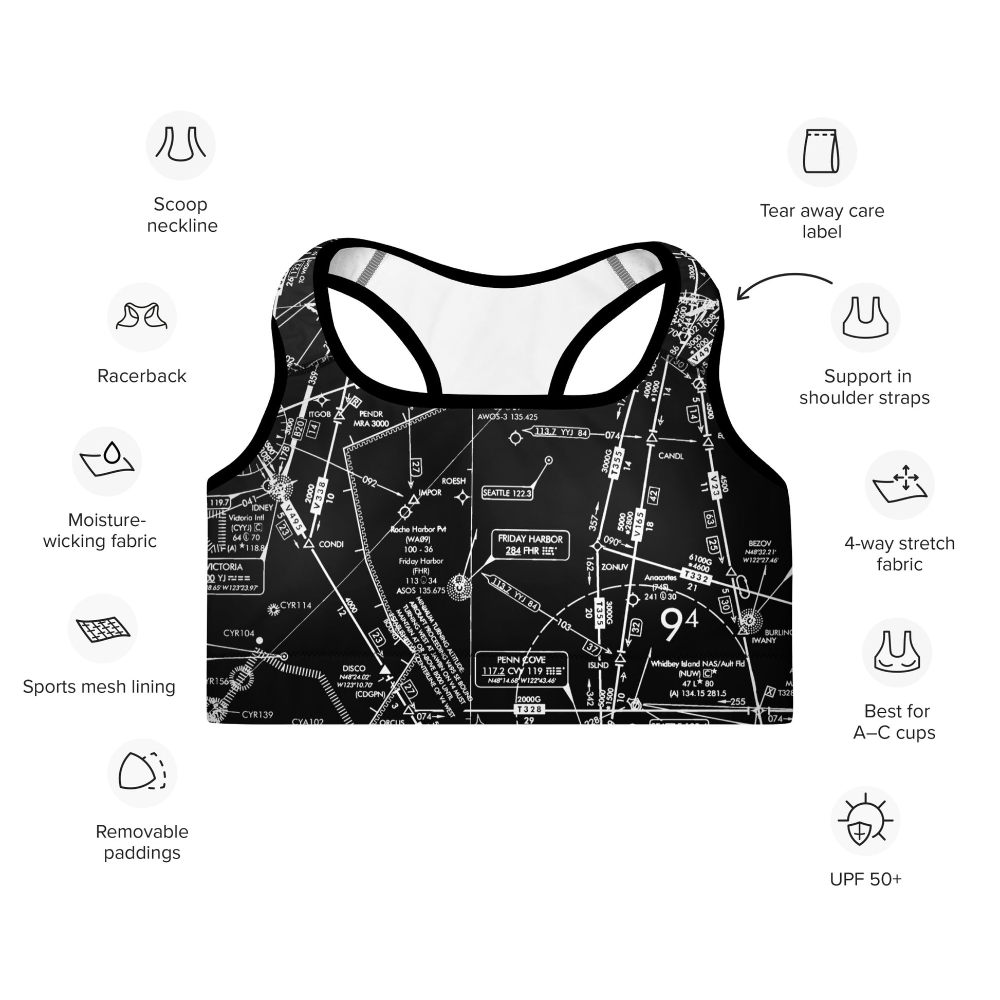 Aeronautical Chart padded sports bra (ELUS1/black)