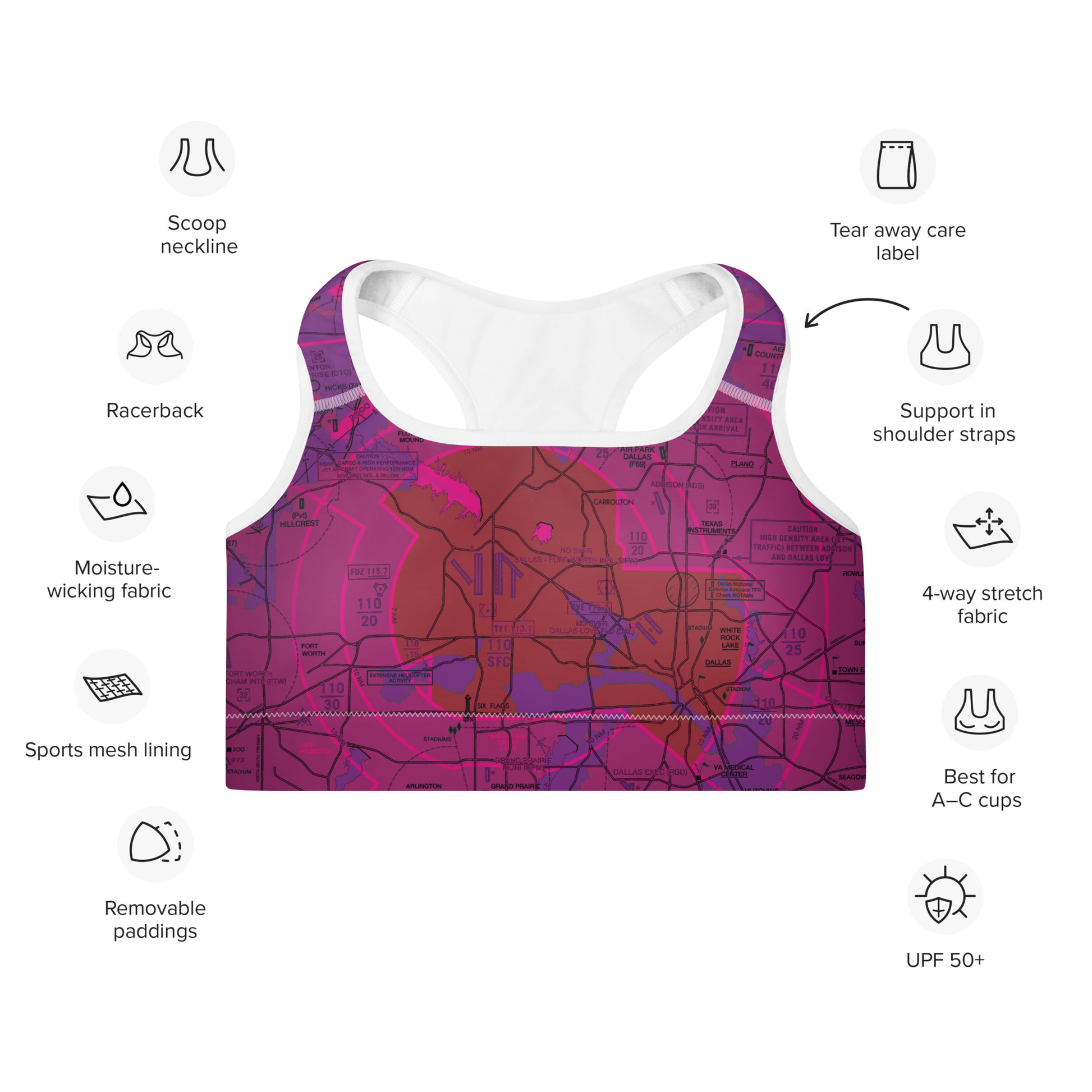 Aeronautical Chart Padded Sports Bra (DFW/purple)