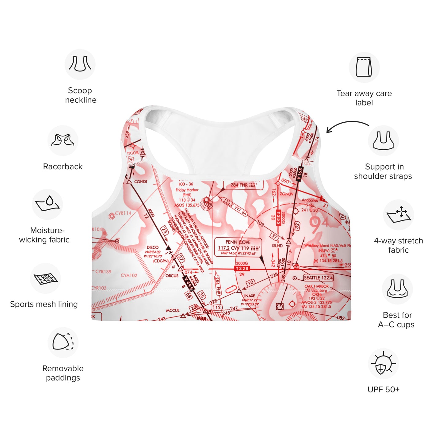 Aeronautical Chart padded sports bra (ELUS1/red&white)
