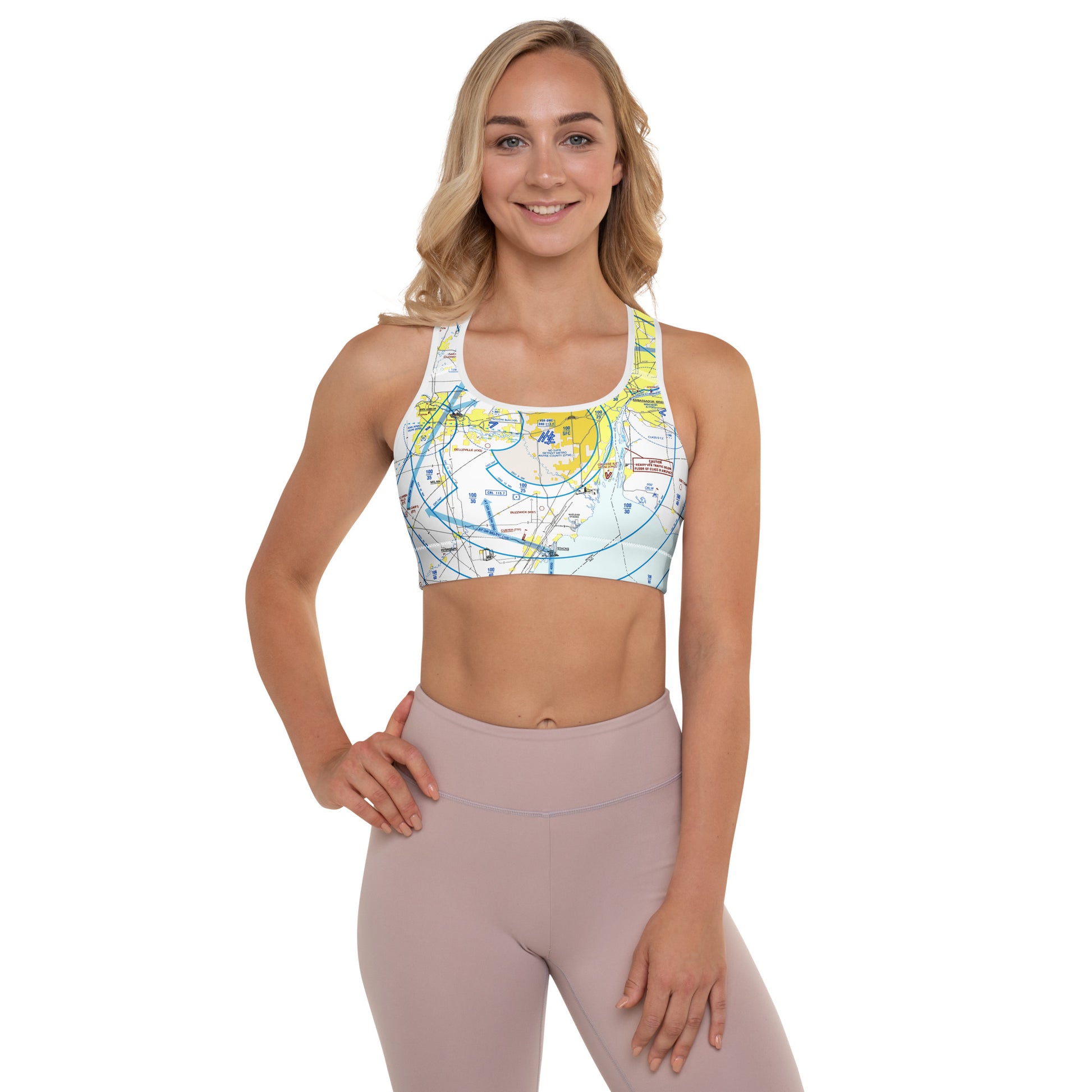 Aeronautical Chart padded sports bra (DTW Flyway Chart)
