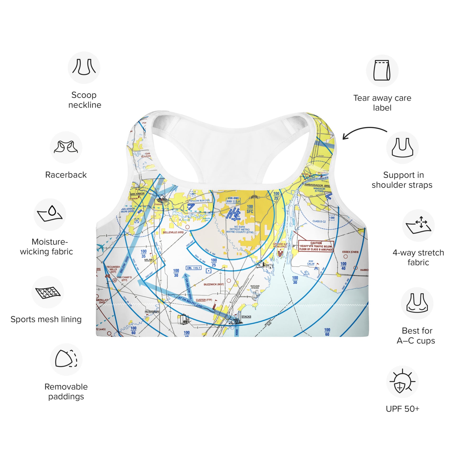 Aeronautical Chart padded sports bra (DTW Flyway Chart)