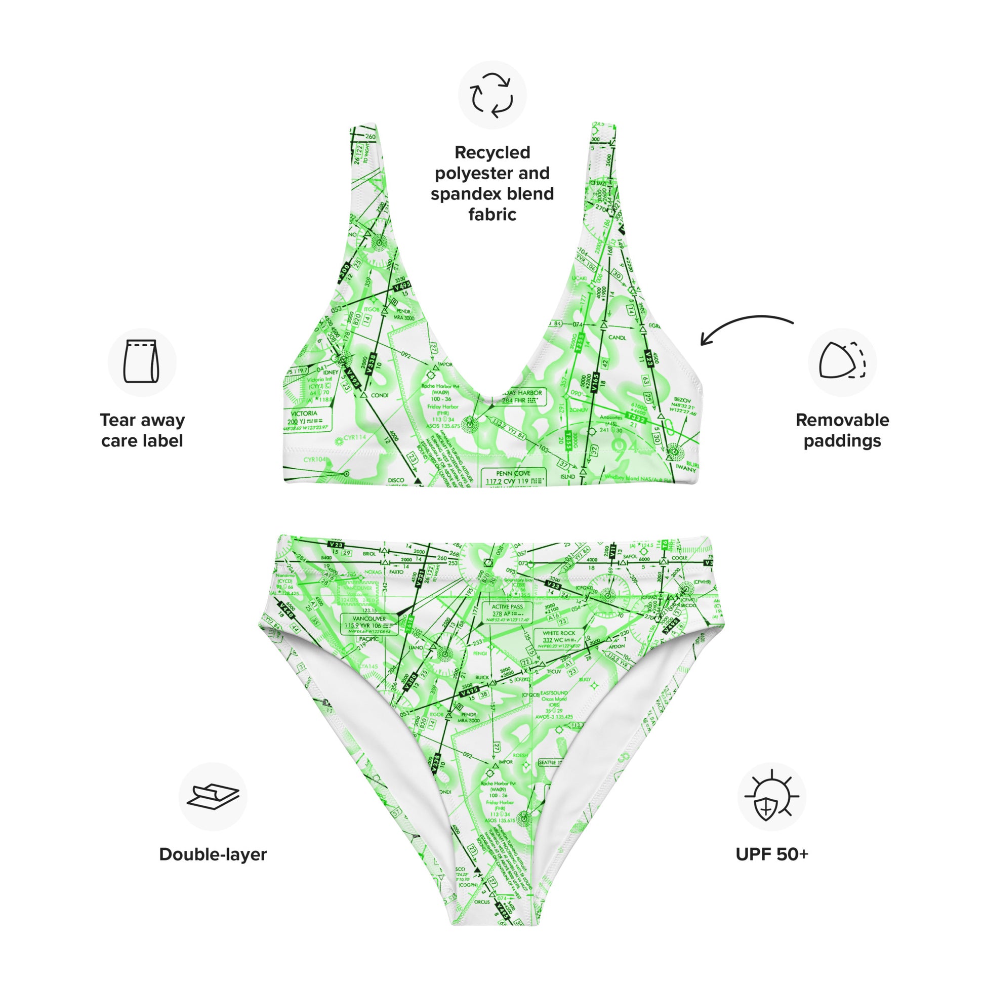 Enroute Low Altitude Chart recycled high-waisted bikini (green&white)
