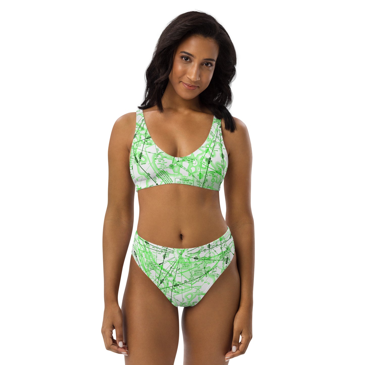 Enroute Low Altitude Chart recycled high-waisted bikini (green&white)