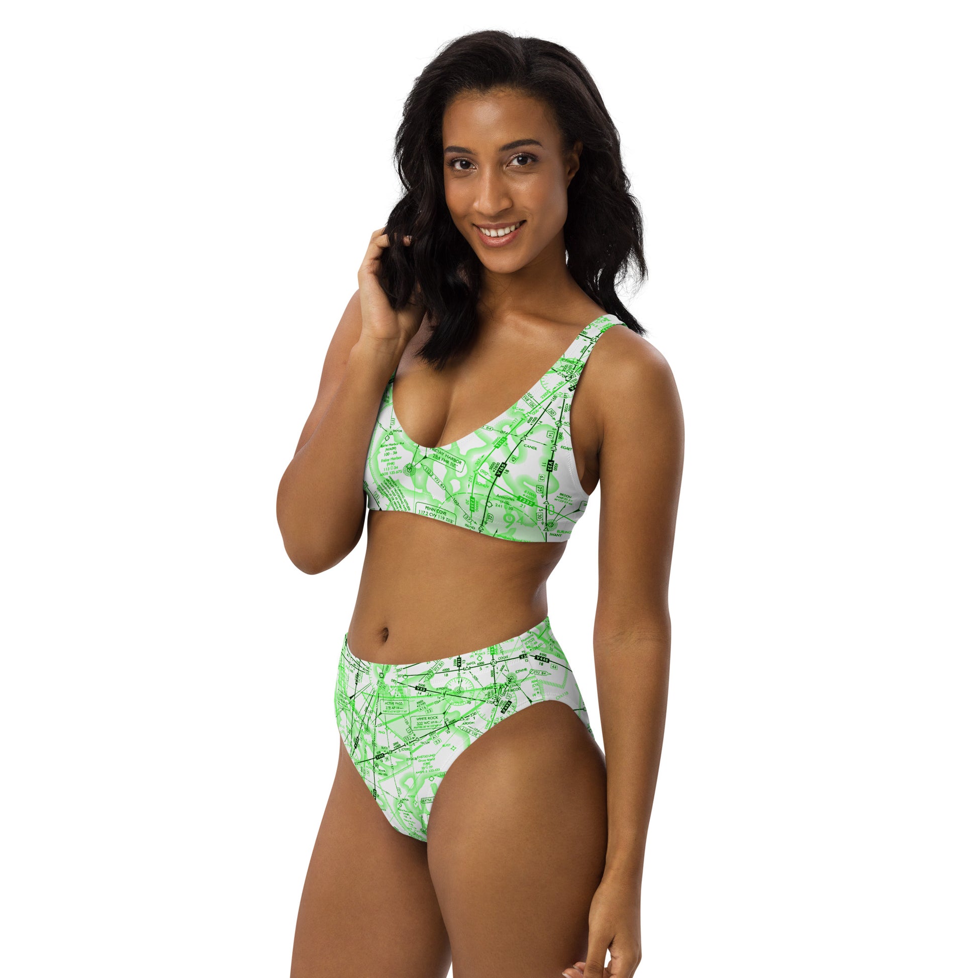 Enroute Low Altitude Chart recycled high-waisted bikini (green&white)