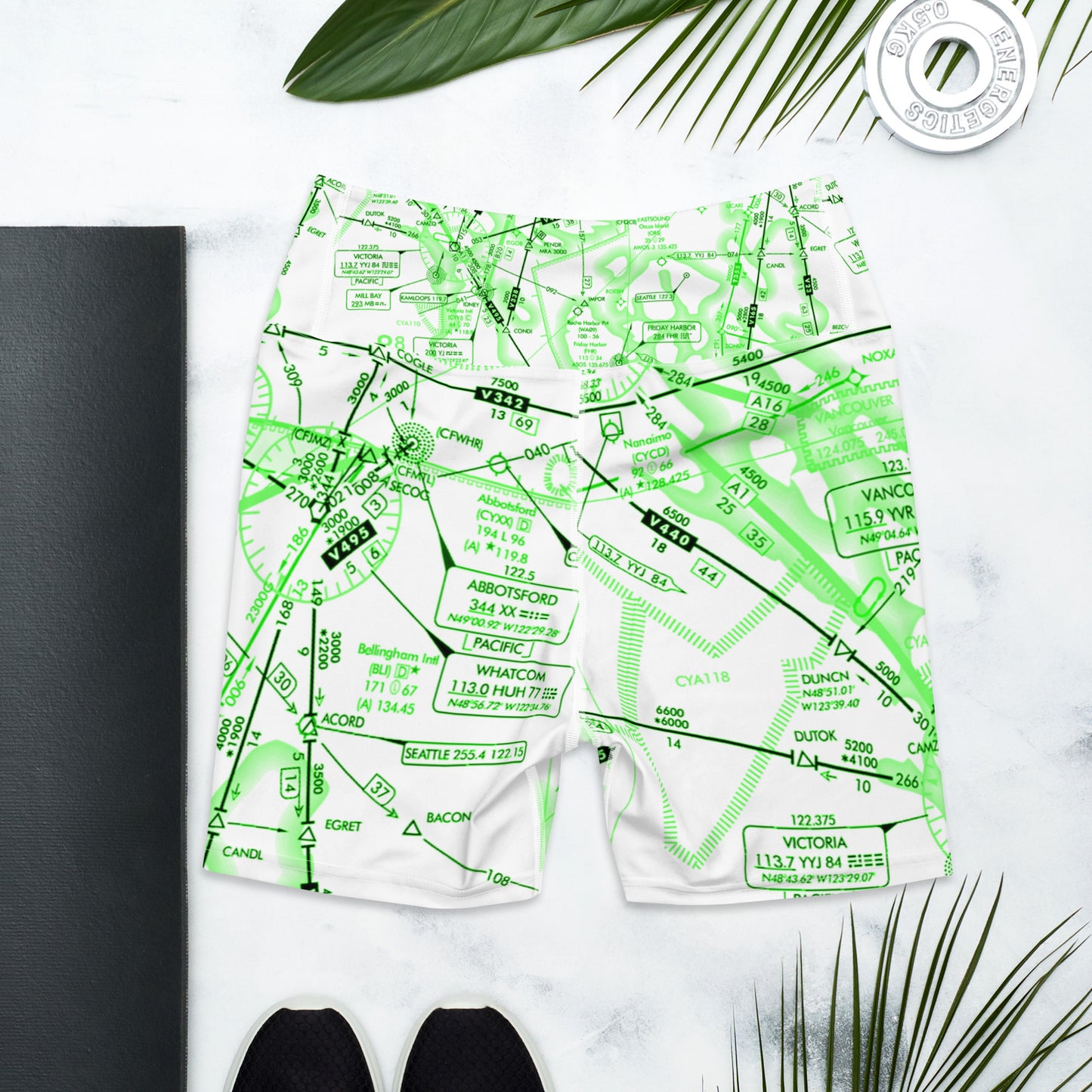 Aeronautical Chart Yoga Shorts (green&white)
