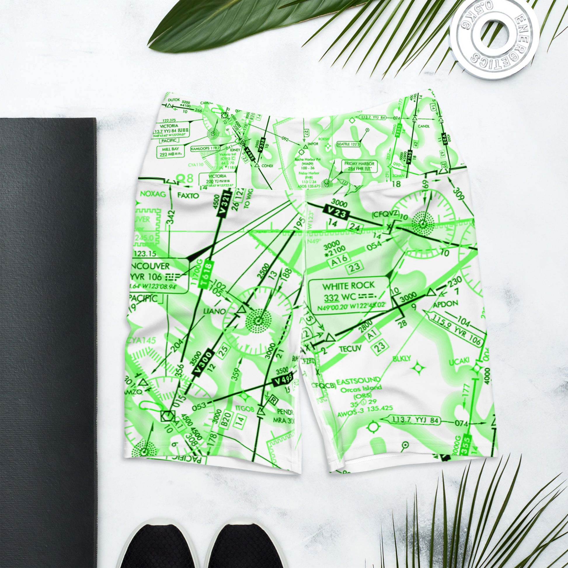 Aeronautical Chart Yoga Shorts (green&white)