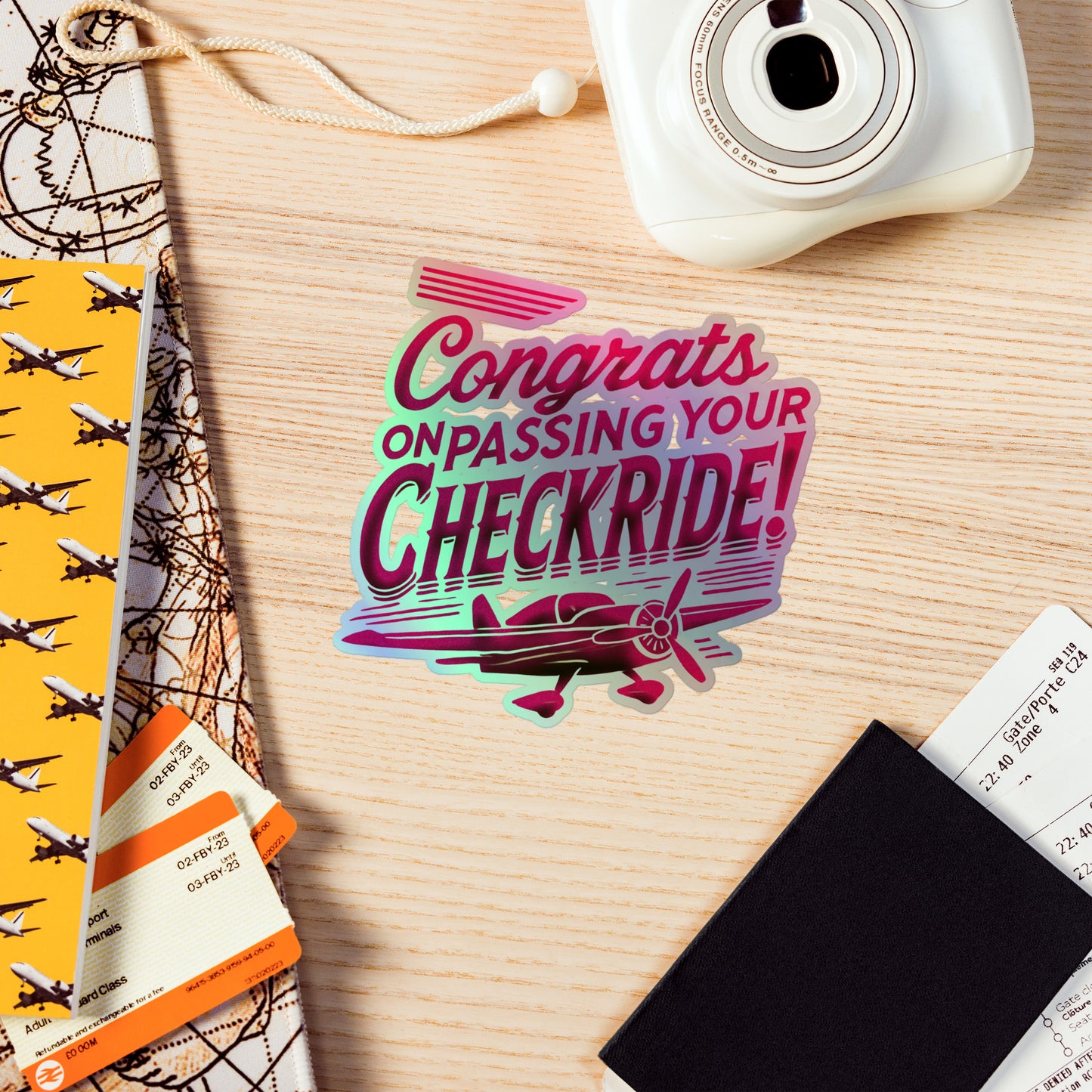 Congrats on passing your checkride! (v1. pink) holographic sticker