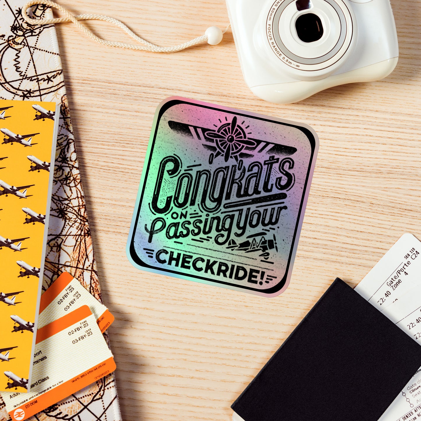 Congrats on passing your checkride! (v2. black) holographic sticker