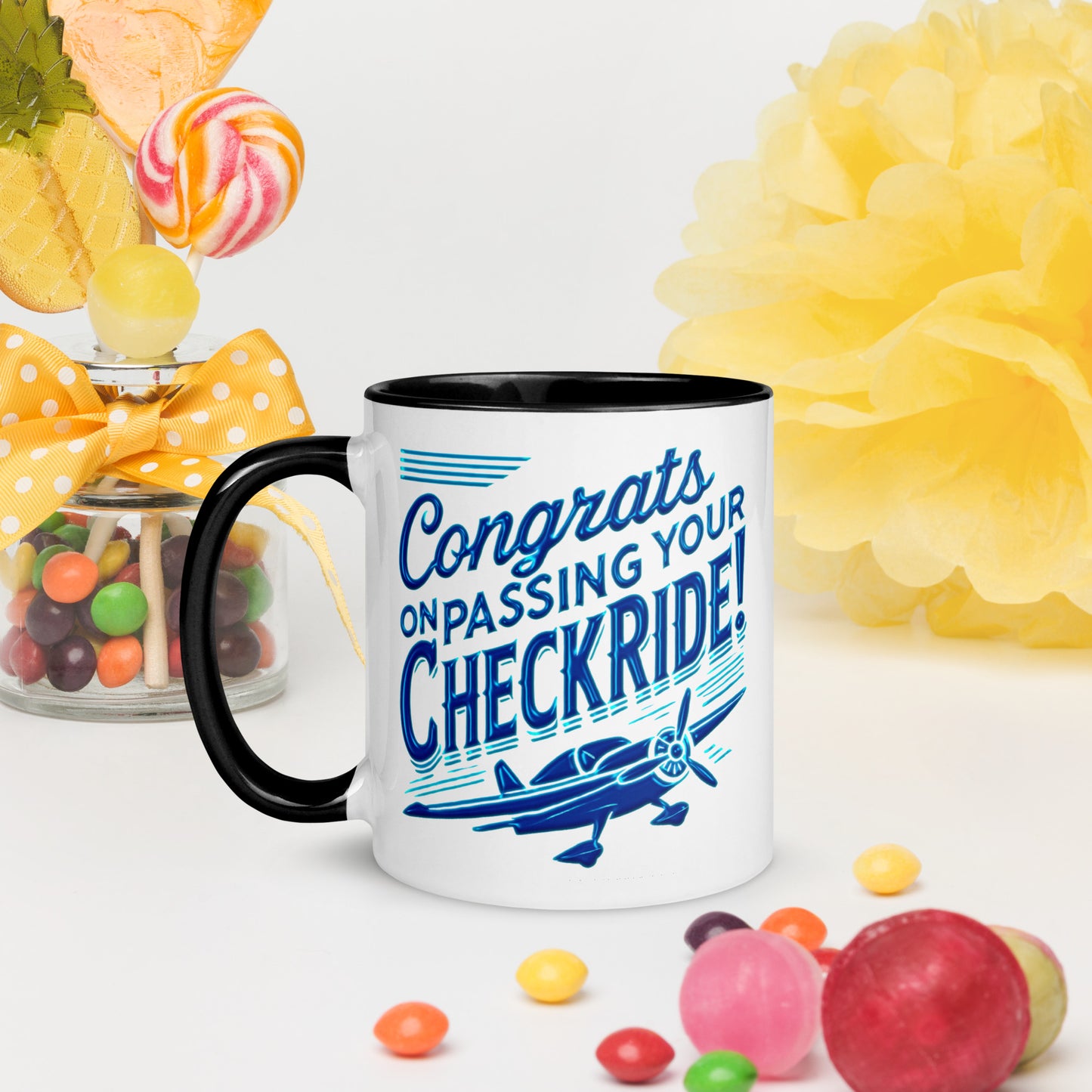 Congrats on passing your checkride! (v1. blue) mug with color inside
