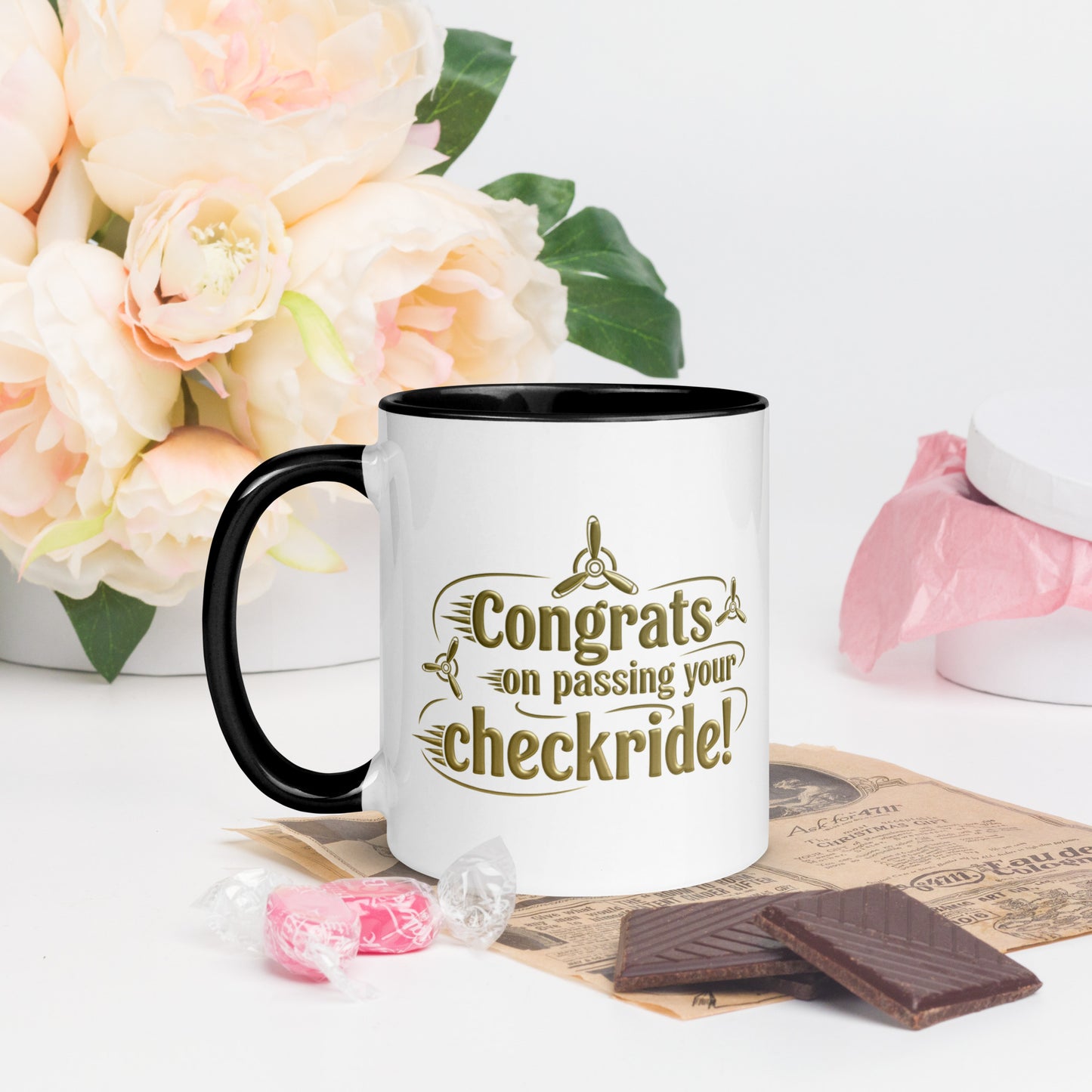 Congrats on passing your checkride! (v3. gold) mug with color inside