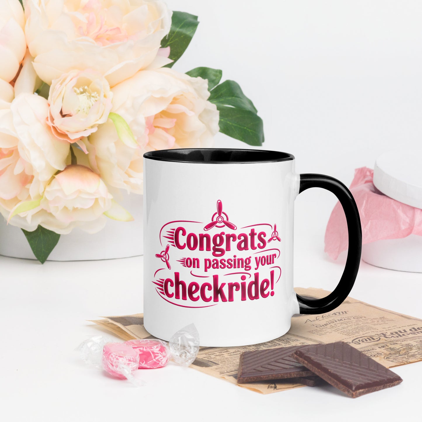 Congrats on passing your checkride! (v3. pink) mug with color inside