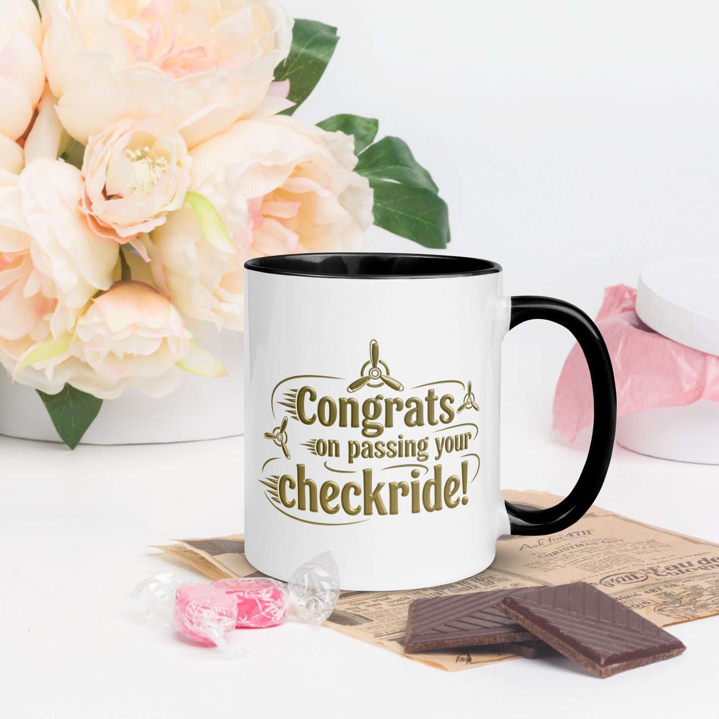 Congrats on passing your checkride! (v3. gold) mug with color inside