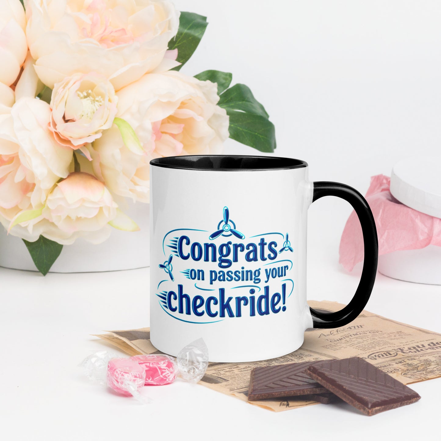 Congrats on passing your checkride! (v3. blue) mug with color inside