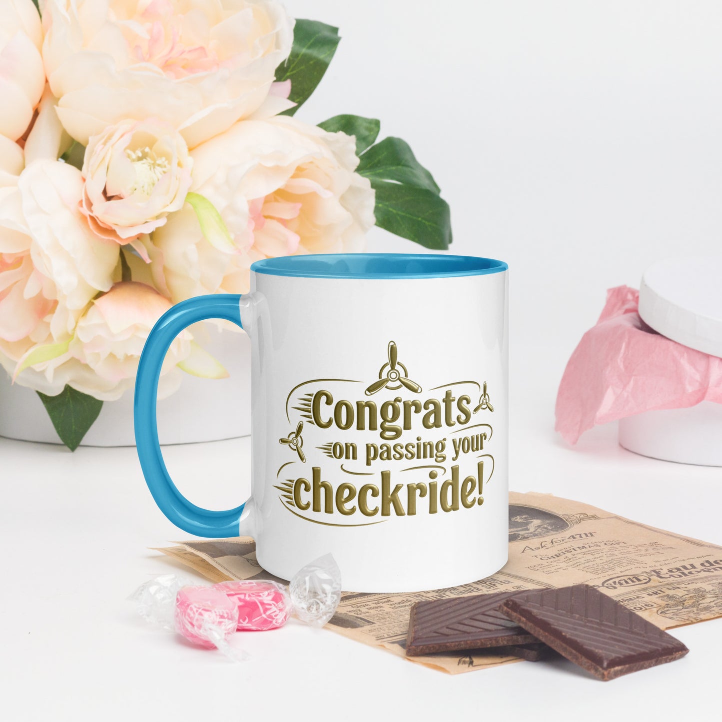 Congrats on passing your checkride! (v3. gold) mug with color inside