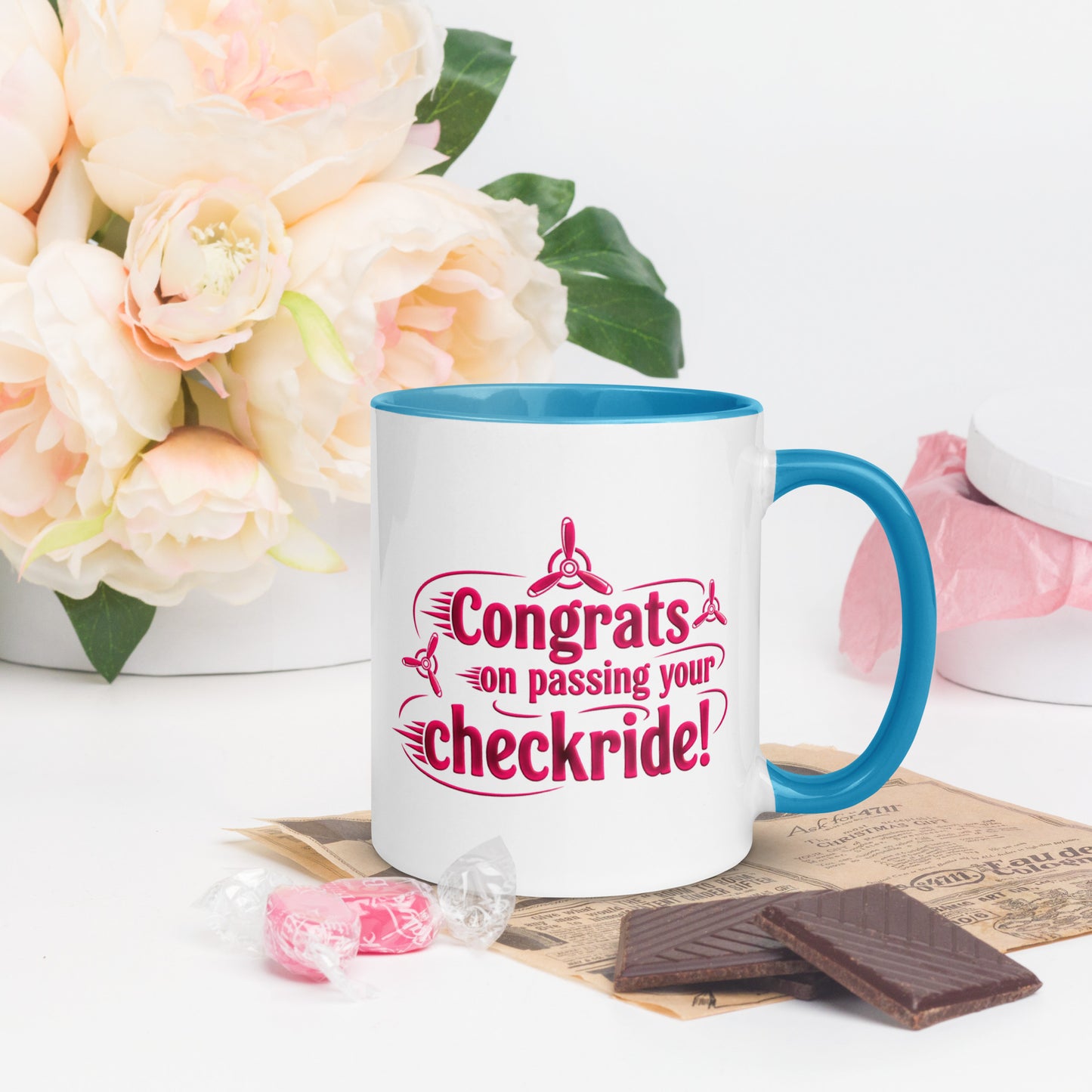 Congrats on passing your checkride! (v3. pink) mug with color inside