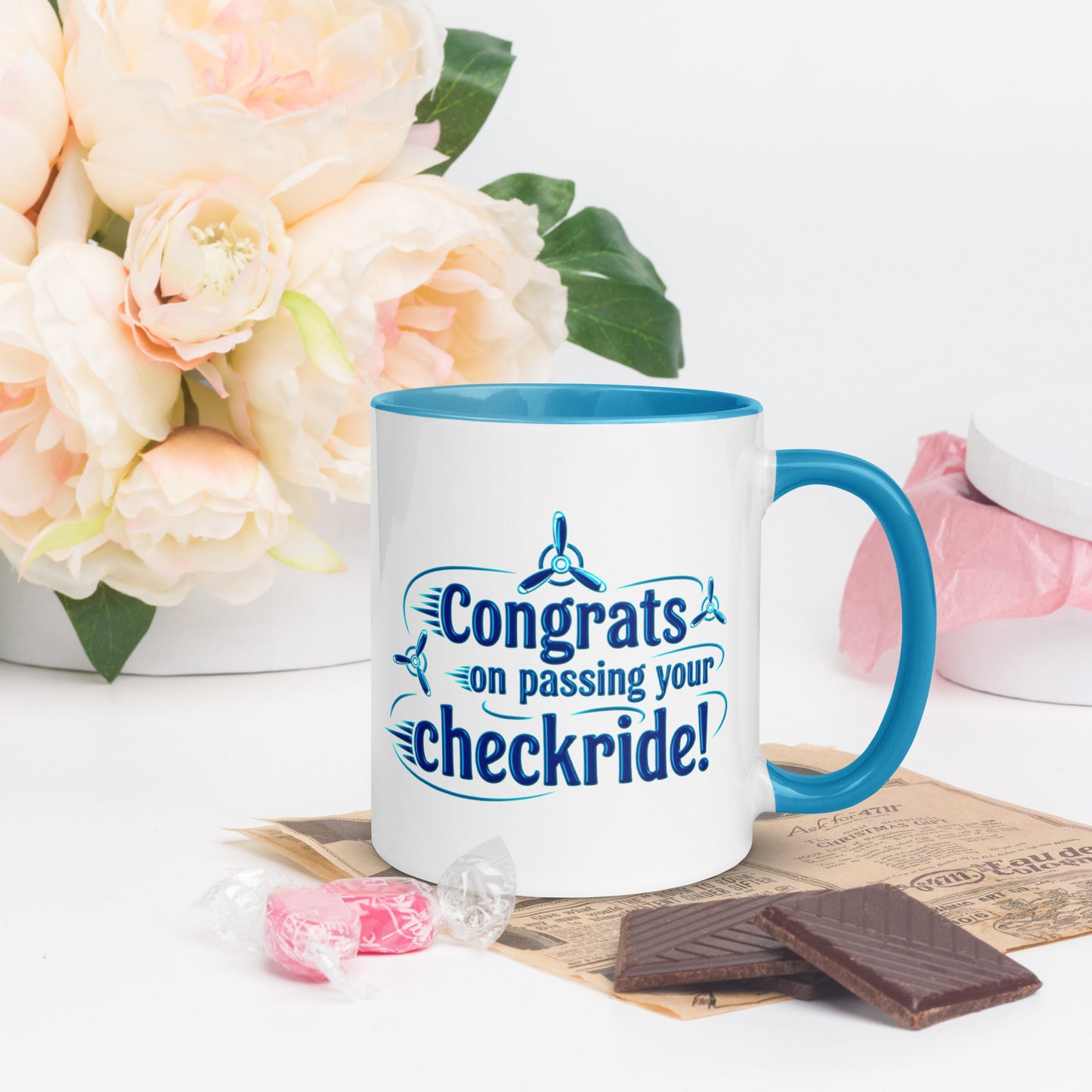 Congrats on passing your checkride! (v3. blue) mug with color inside