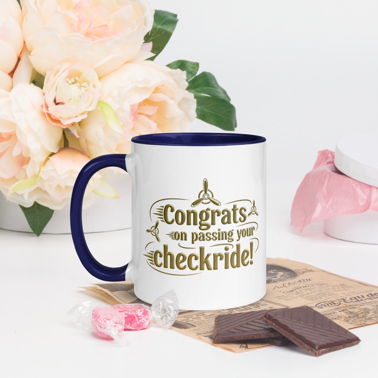 Congrats on passing your checkride! (v3. gold) mug with color inside