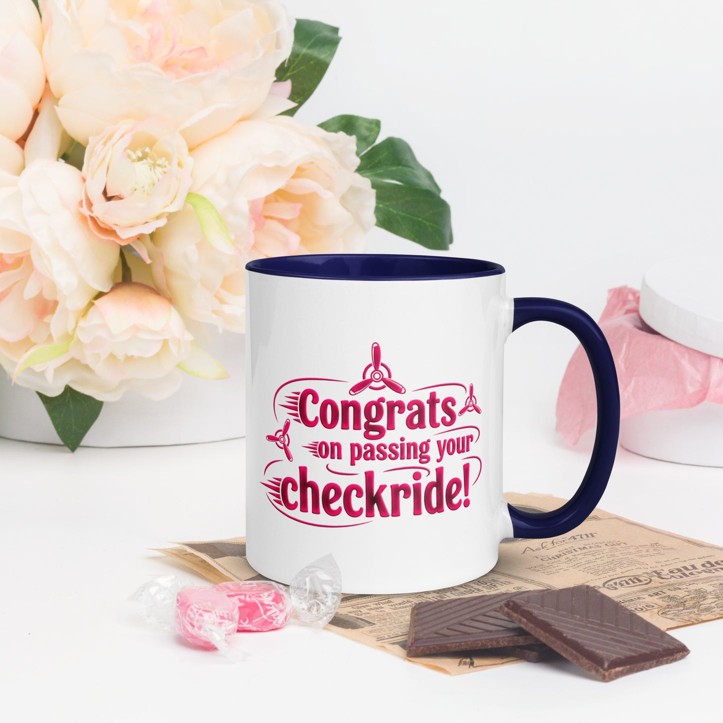 Congrats on passing your checkride! (v3. pink) mug with color inside