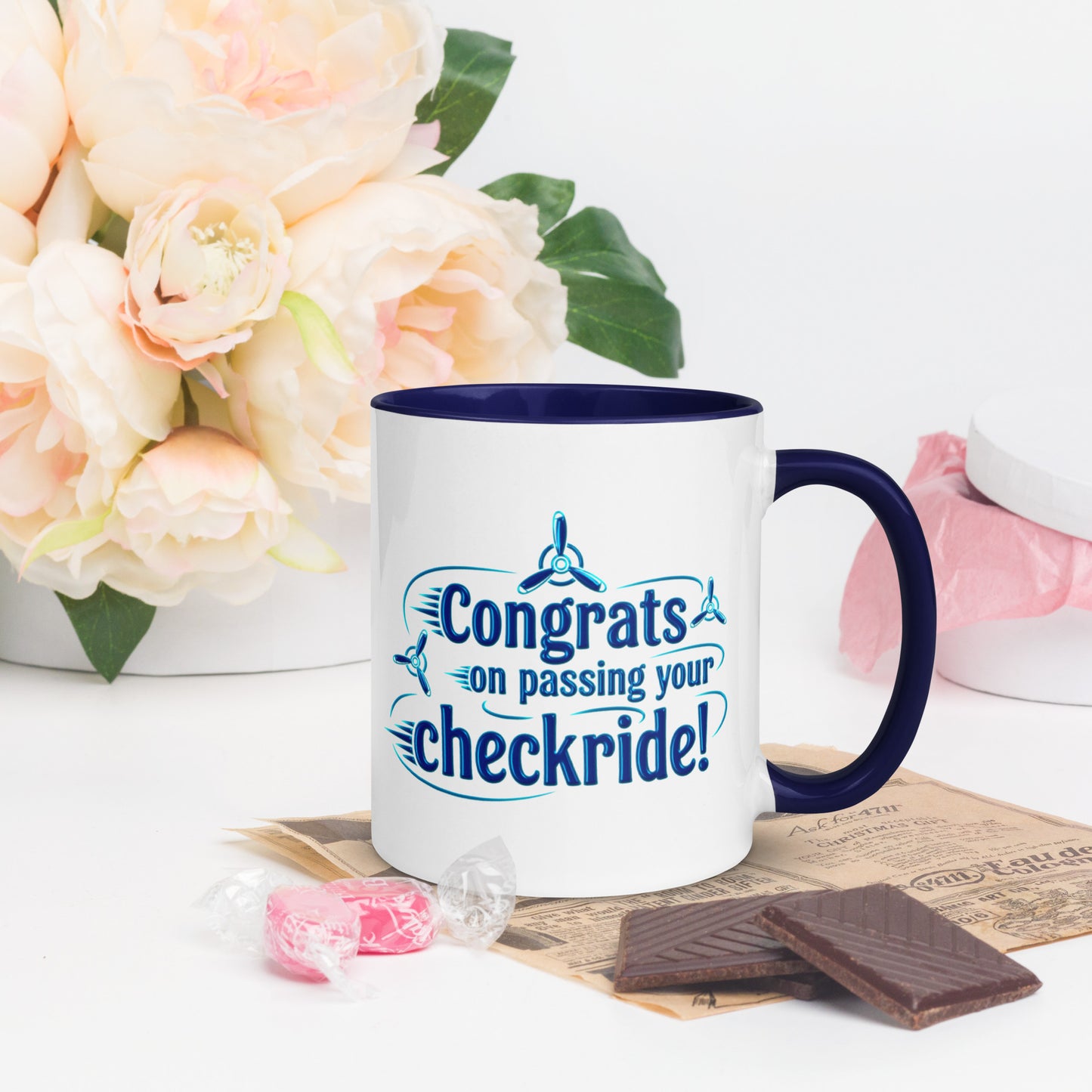 Congrats on passing your checkride! (v3. blue) mug with color inside