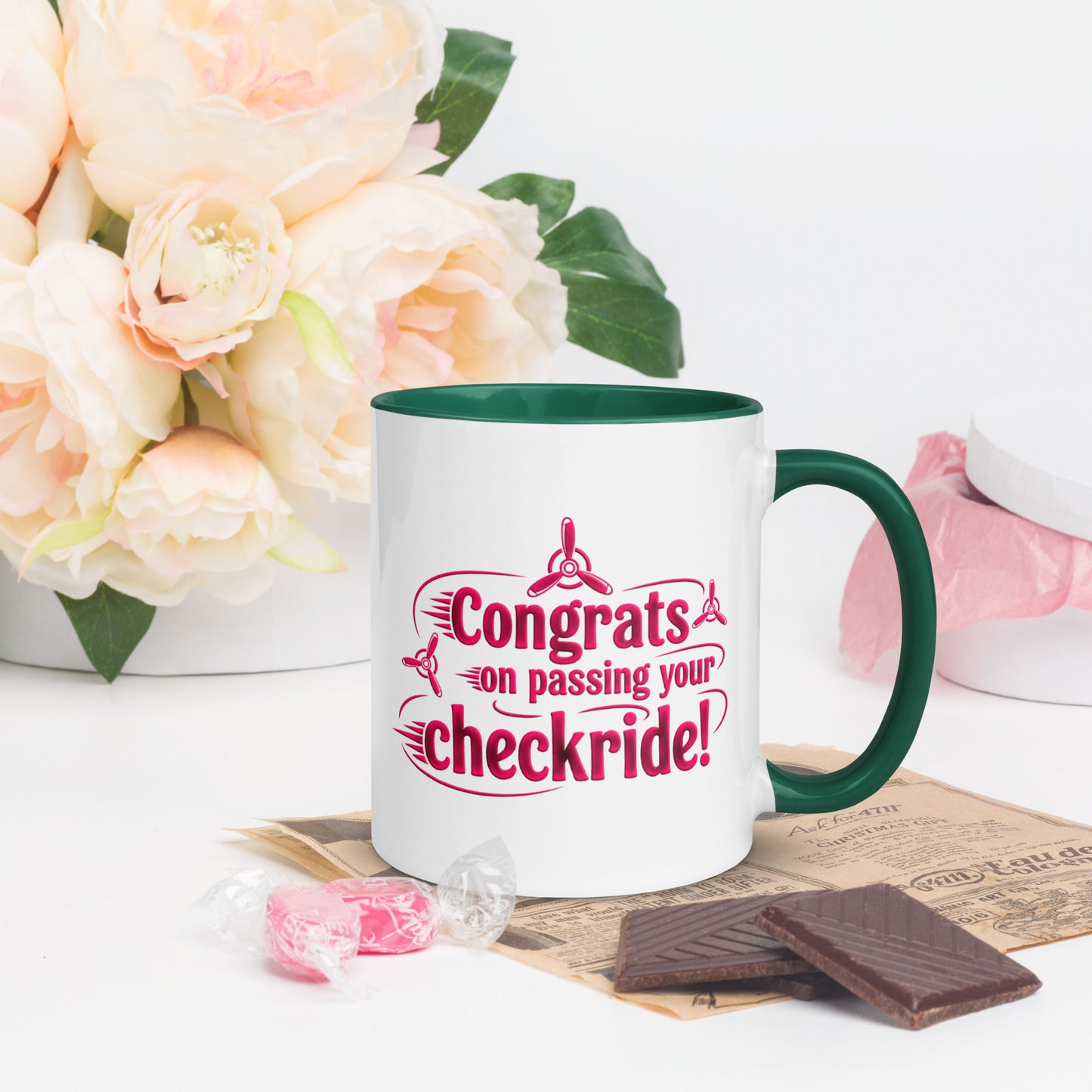 Congrats on passing your checkride! (v3. pink) mug with color inside