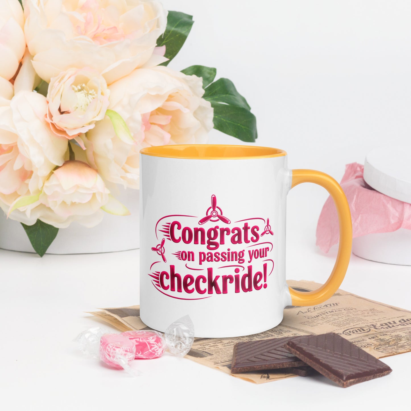 Congrats on passing your checkride! (v3. pink) mug with color inside