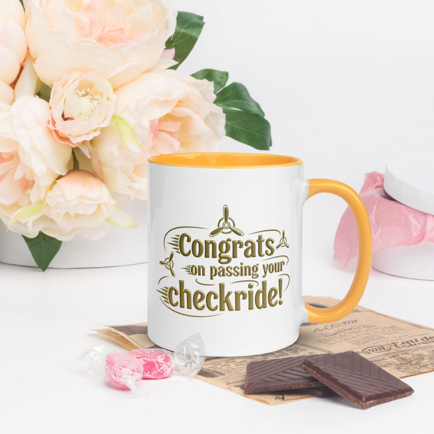 Congrats on passing your checkride! (v3. gold) mug with color inside