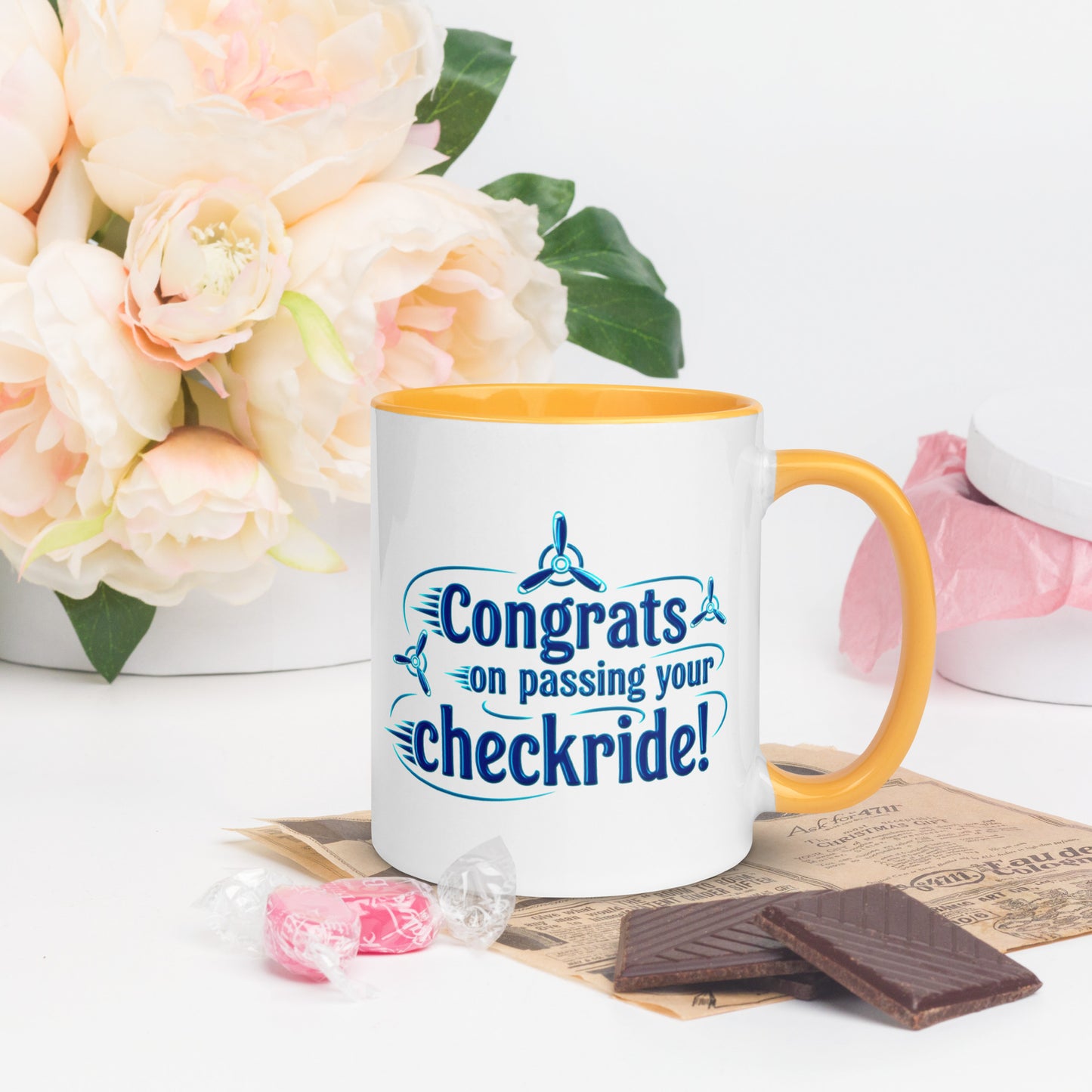 Congrats on passing your checkride! (v3. blue) mug with color inside