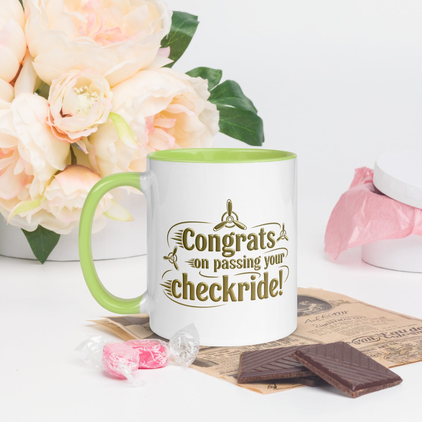 Congrats on passing your checkride! (v3. gold) mug with color inside