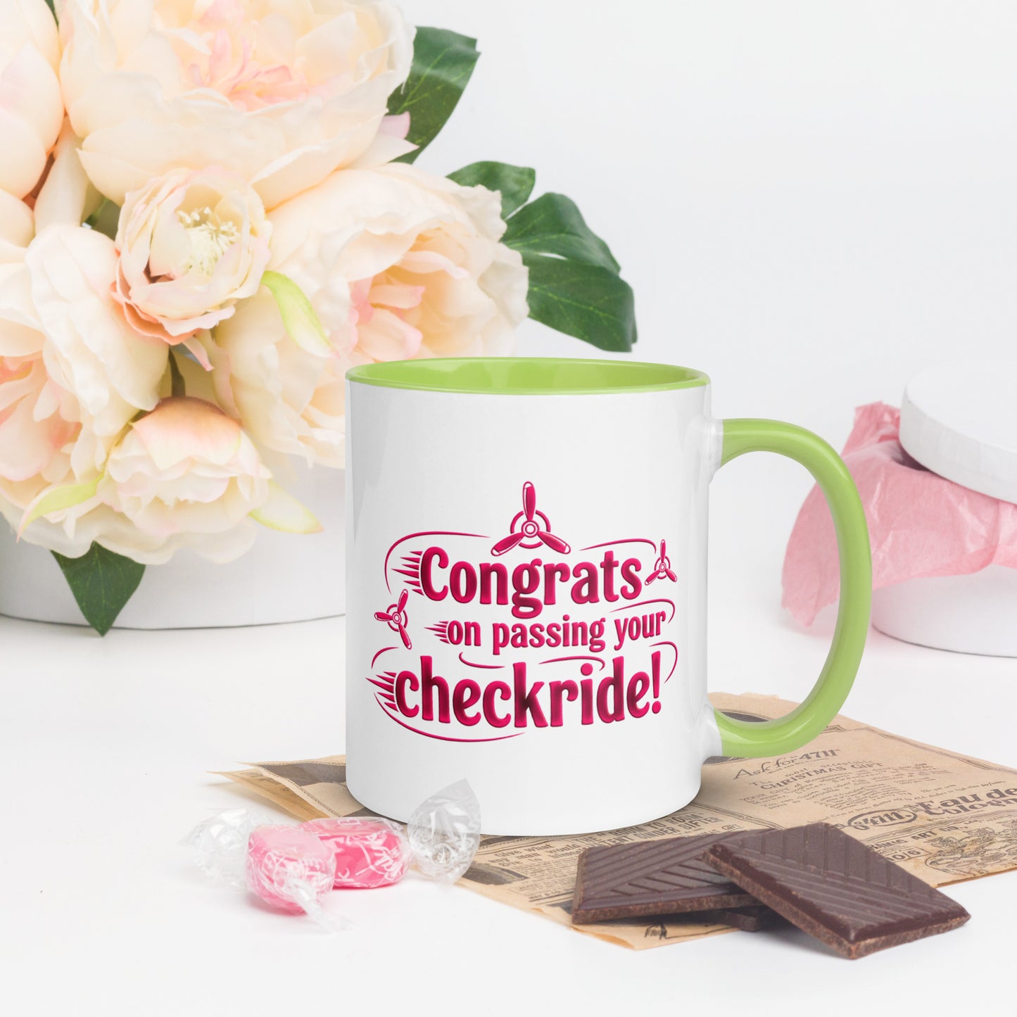 Congrats on passing your checkride! (v3. pink) mug with color inside