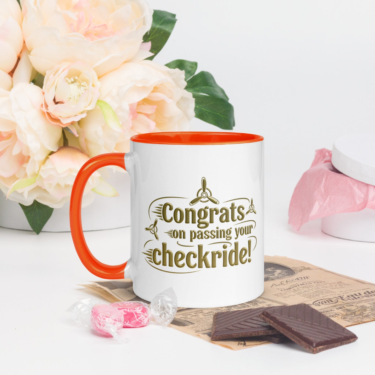 Congrats on passing your checkride! (v3. gold) mug with color inside