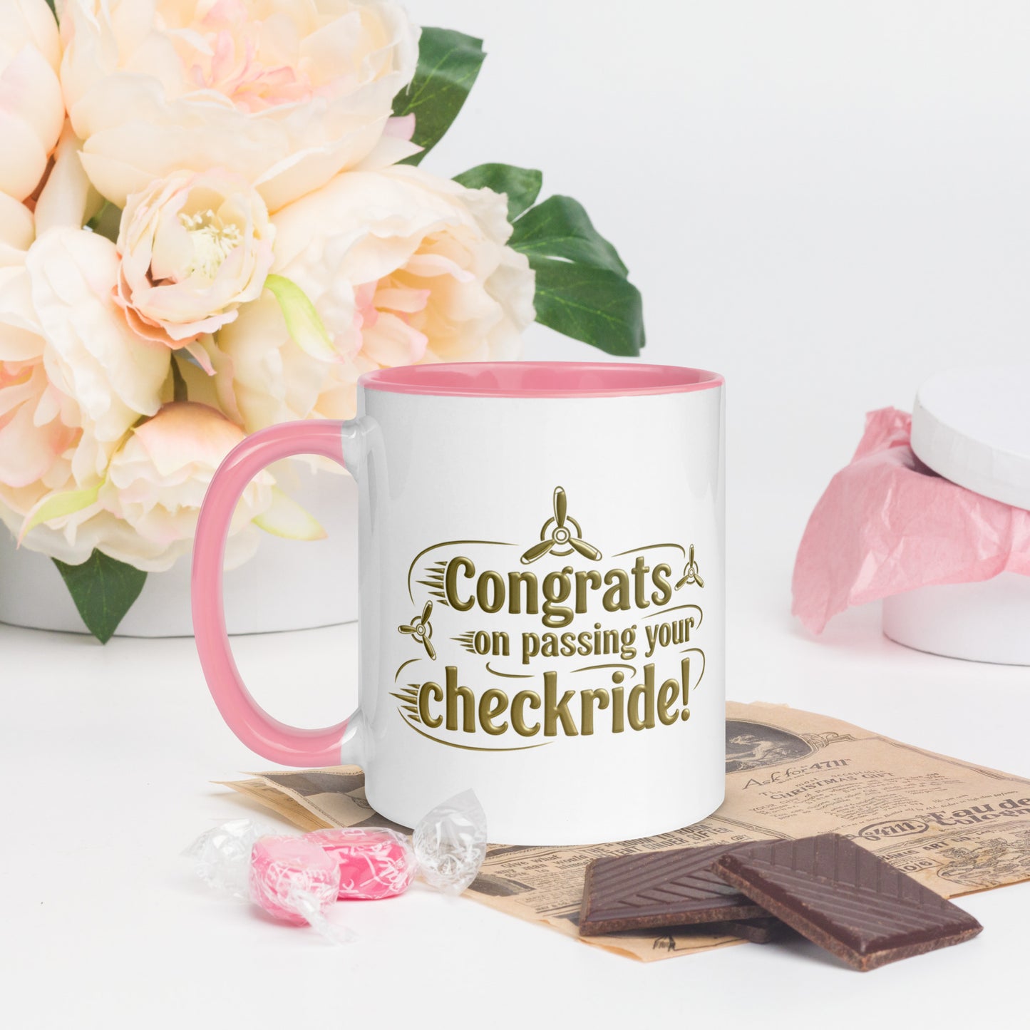 Congrats on passing your checkride! (v3. gold) mug with color inside