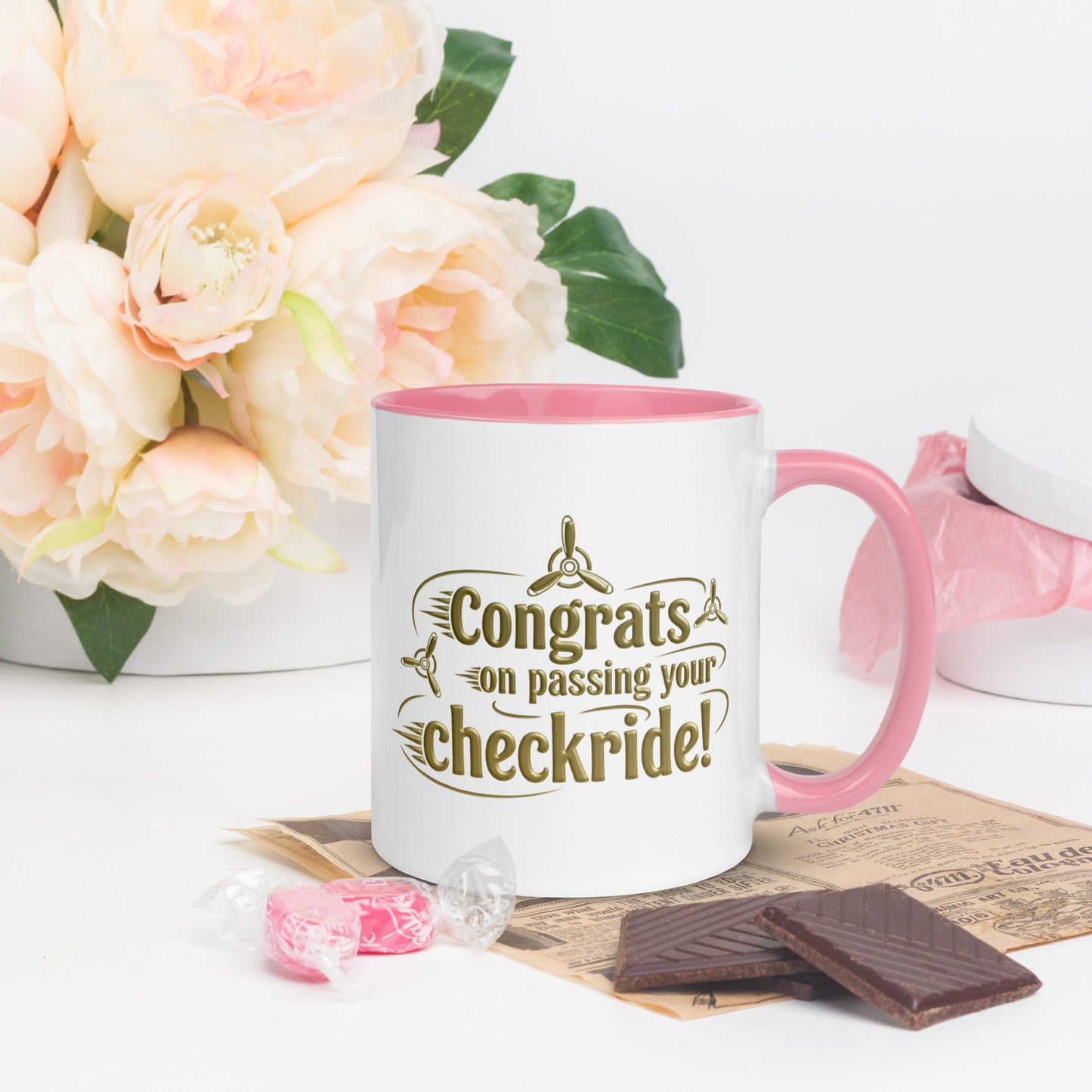 Congrats on passing your checkride! (v3. gold) mug with color inside