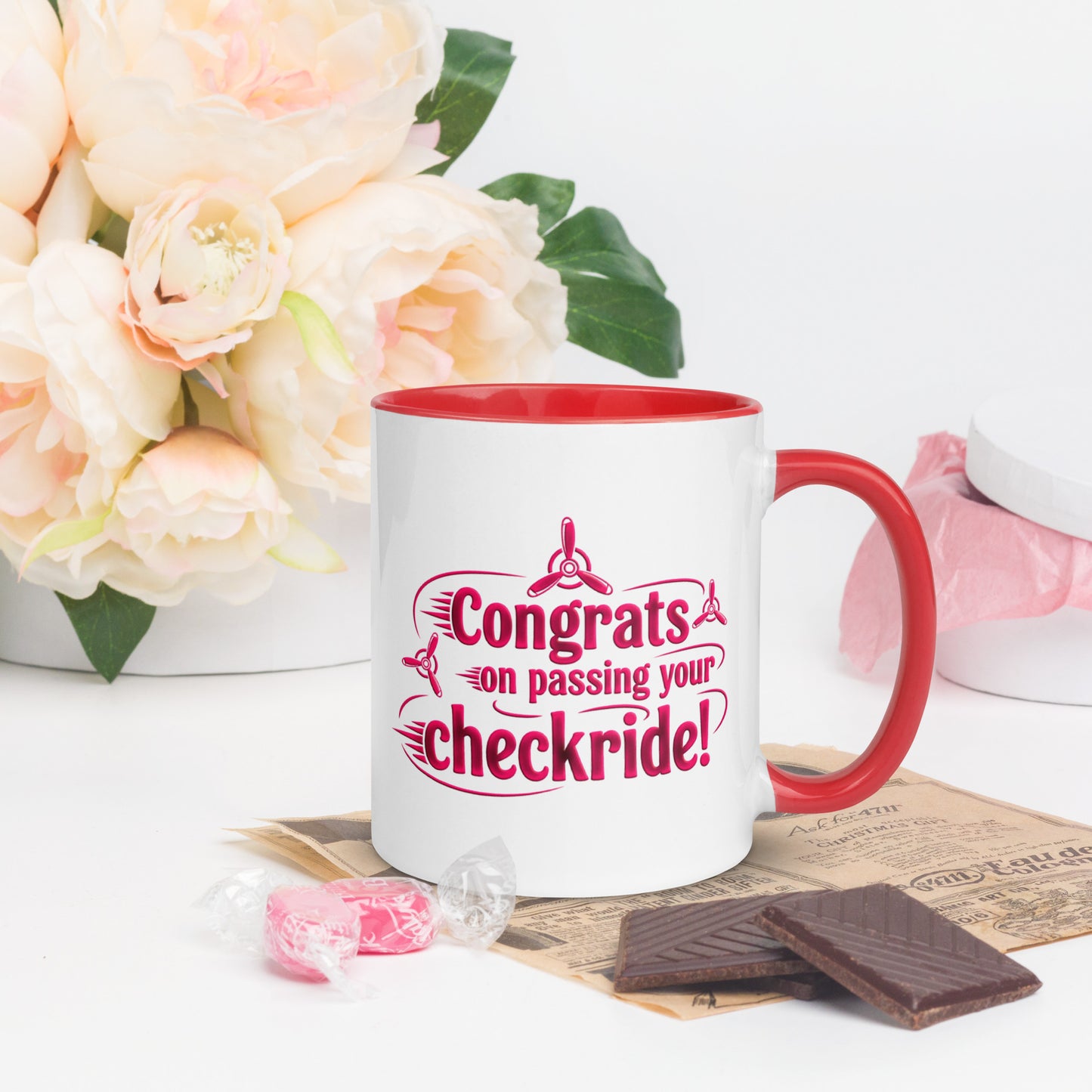 Congrats on passing your checkride! (v3. pink) mug with color inside