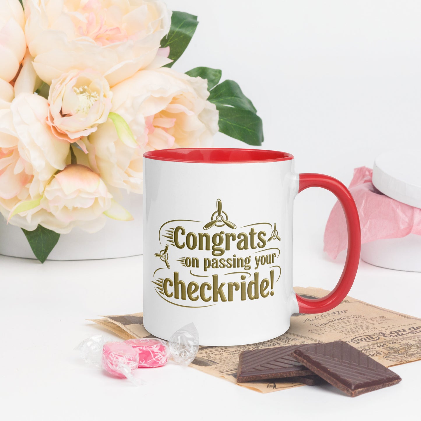 Congrats on passing your checkride! (v3. gold) mug with color inside
