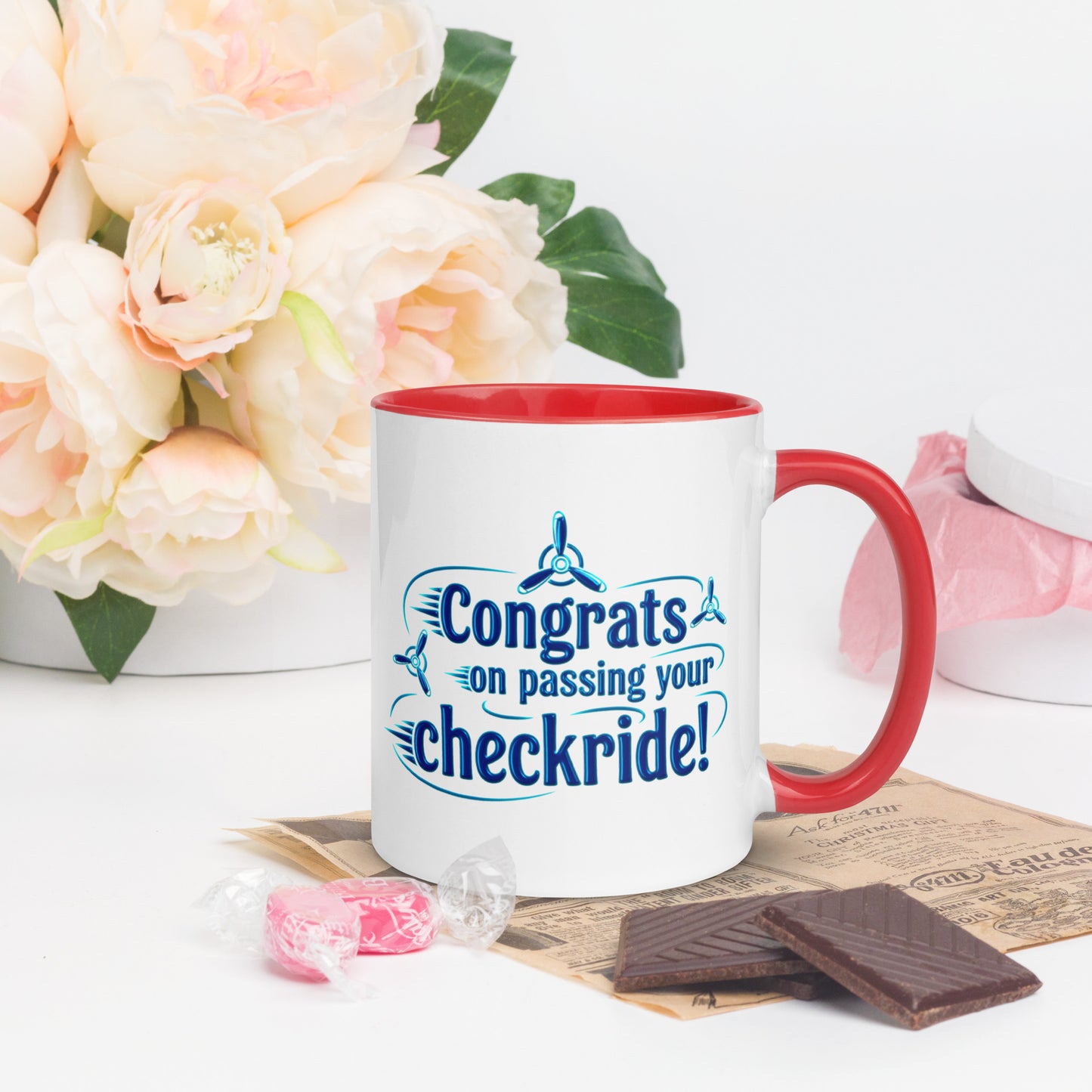 Congrats on passing your checkride! (v3. blue) mug with color inside